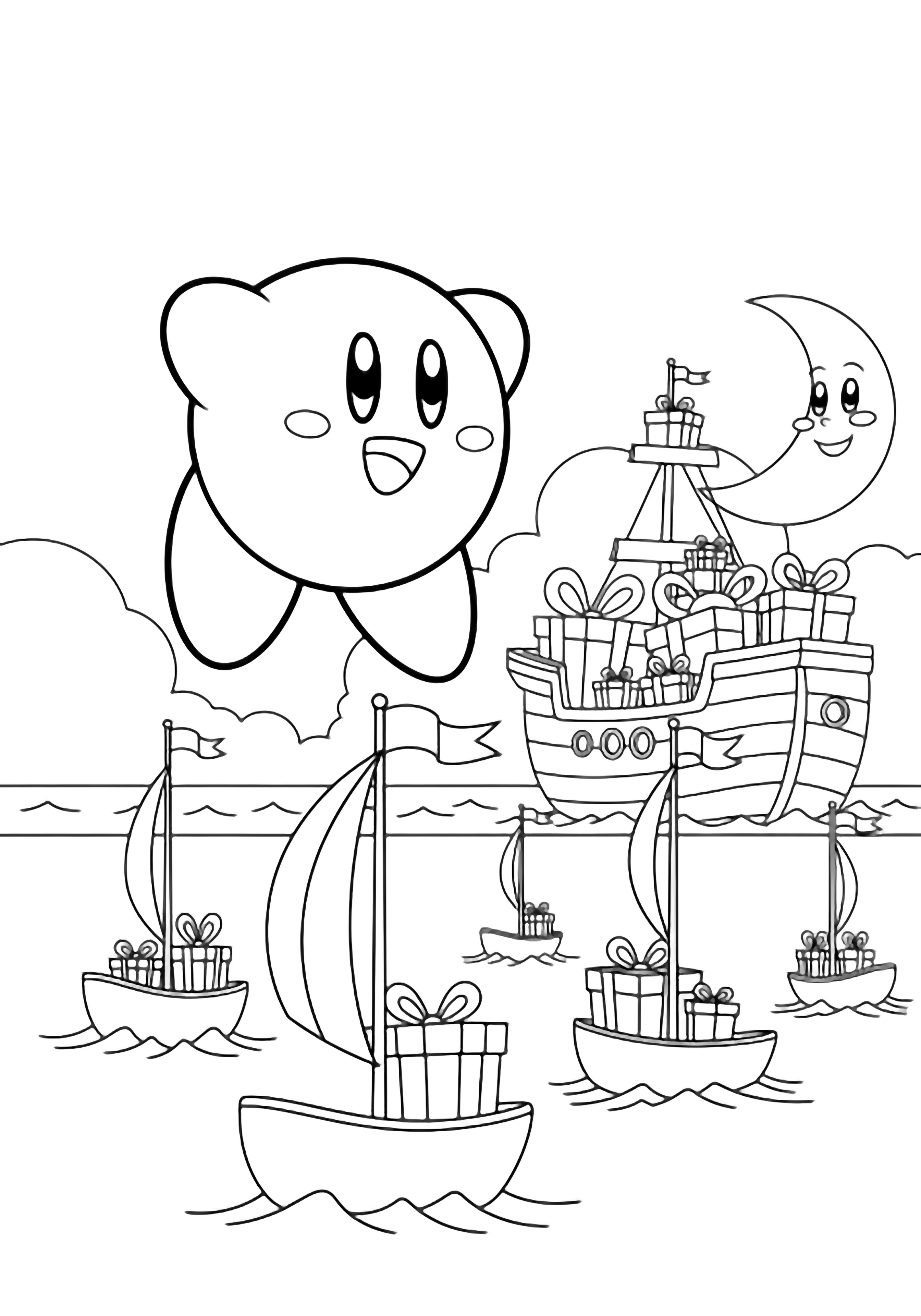 Kirby floats smiling above a Dutch harbor; below, boats carry Sinterklaas flags and gifts, a giant gift-ship looms, moon smiles, gentle waves. kleurplaat