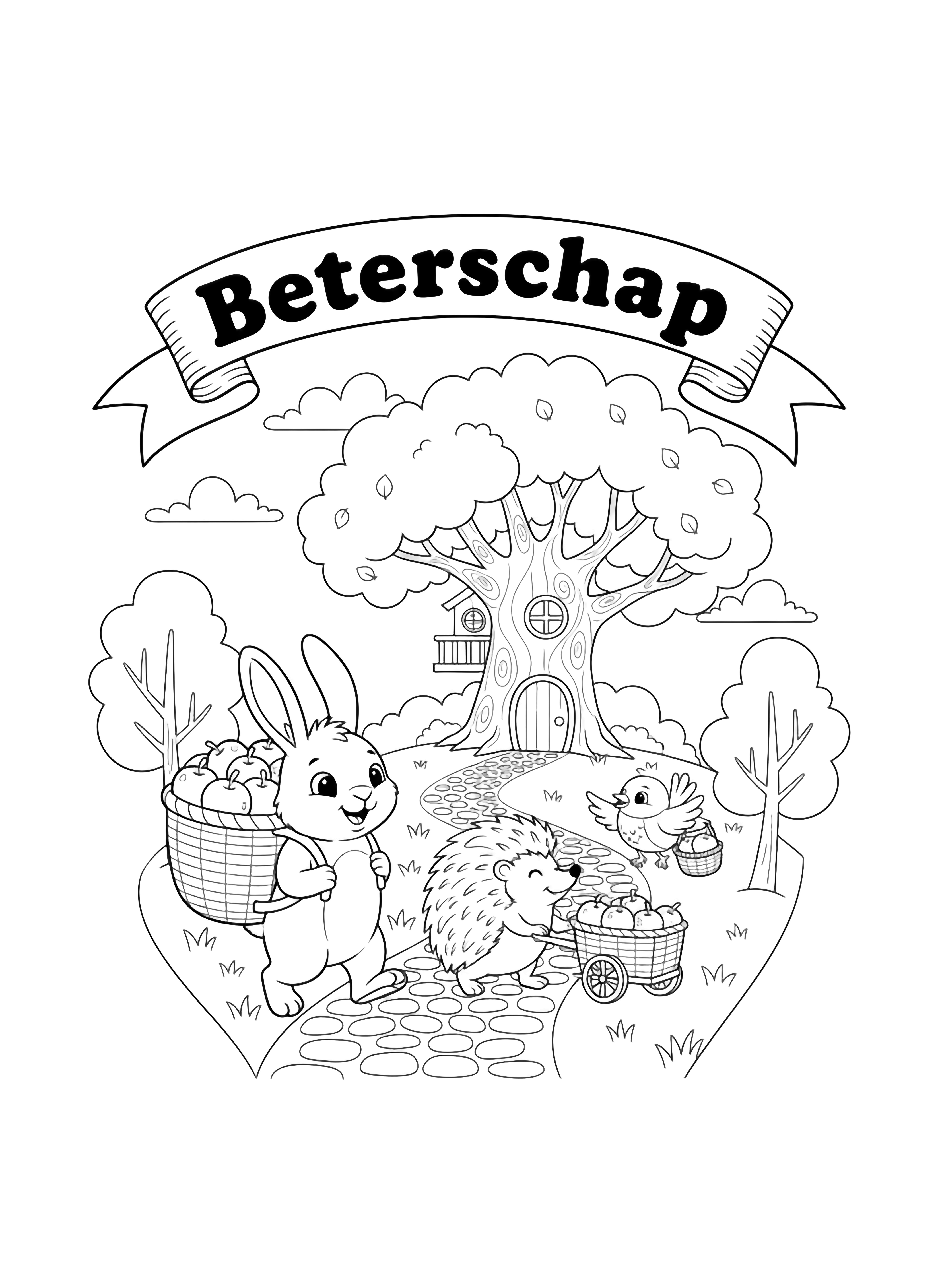 Rabbit, hedgehog and bird tote fruit-filled baskets along a path to a cozy tree-house; leafy trees, clouds and a "Beterschap" banner curve above. kleurplaat