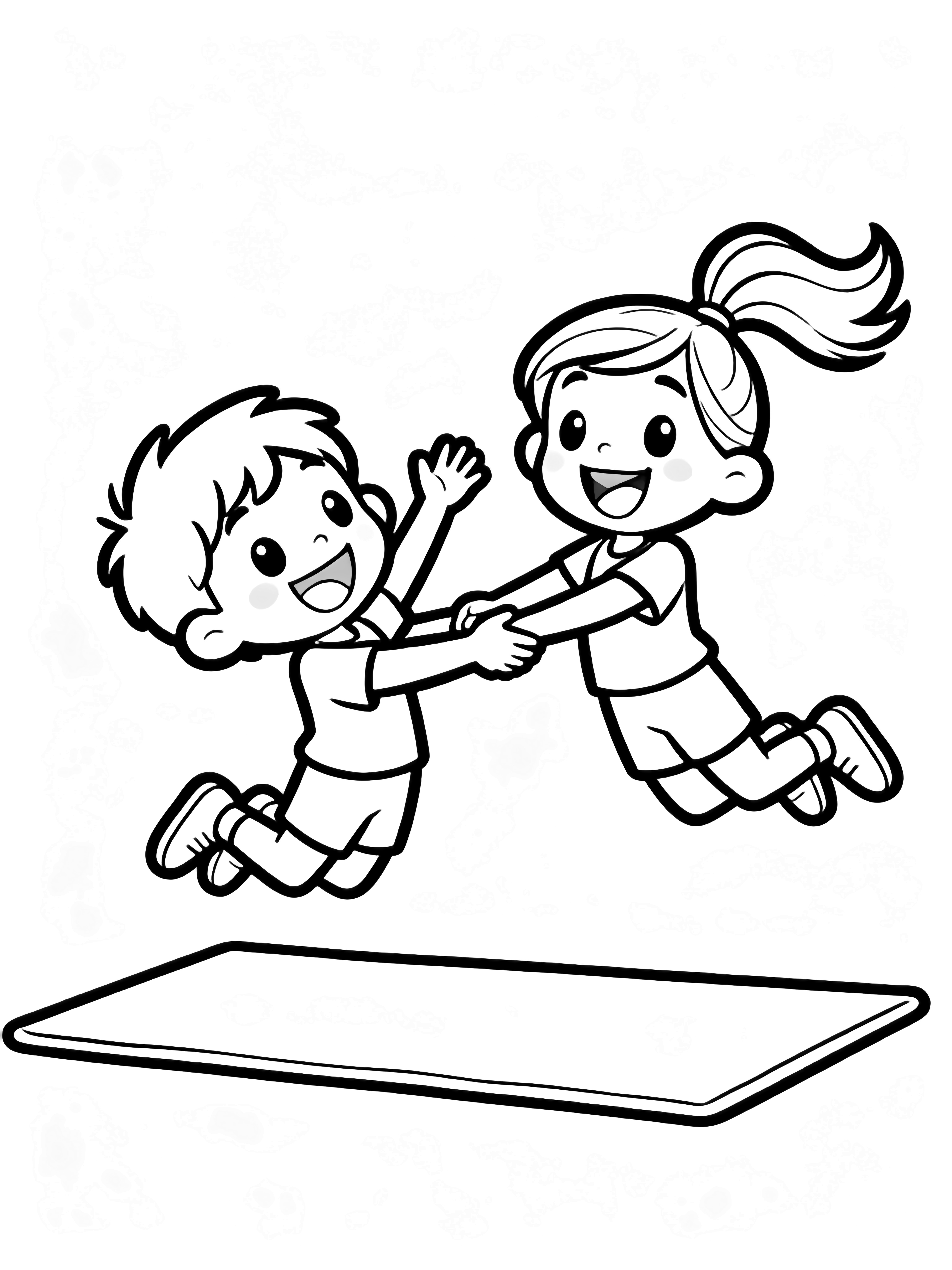 Two joyful children mid-tumble on a mat, arms and legs entwined, ponytail flying, big smiles. kleurplaat
