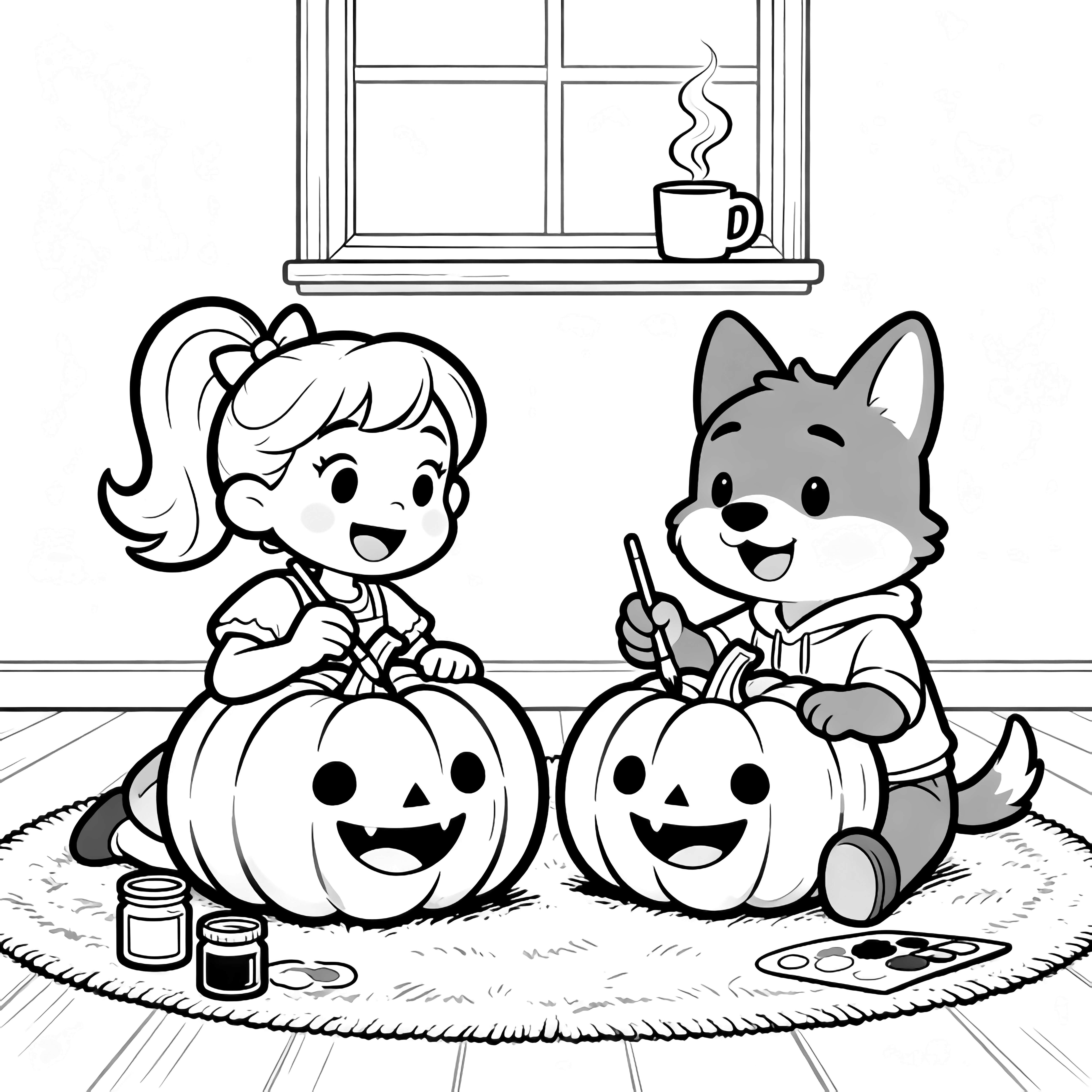 Two cheerful friends sit on a rug painting grinning pumpkins, brushes ready, jars nearby, steam curling from a mug by a window. kleurplaat