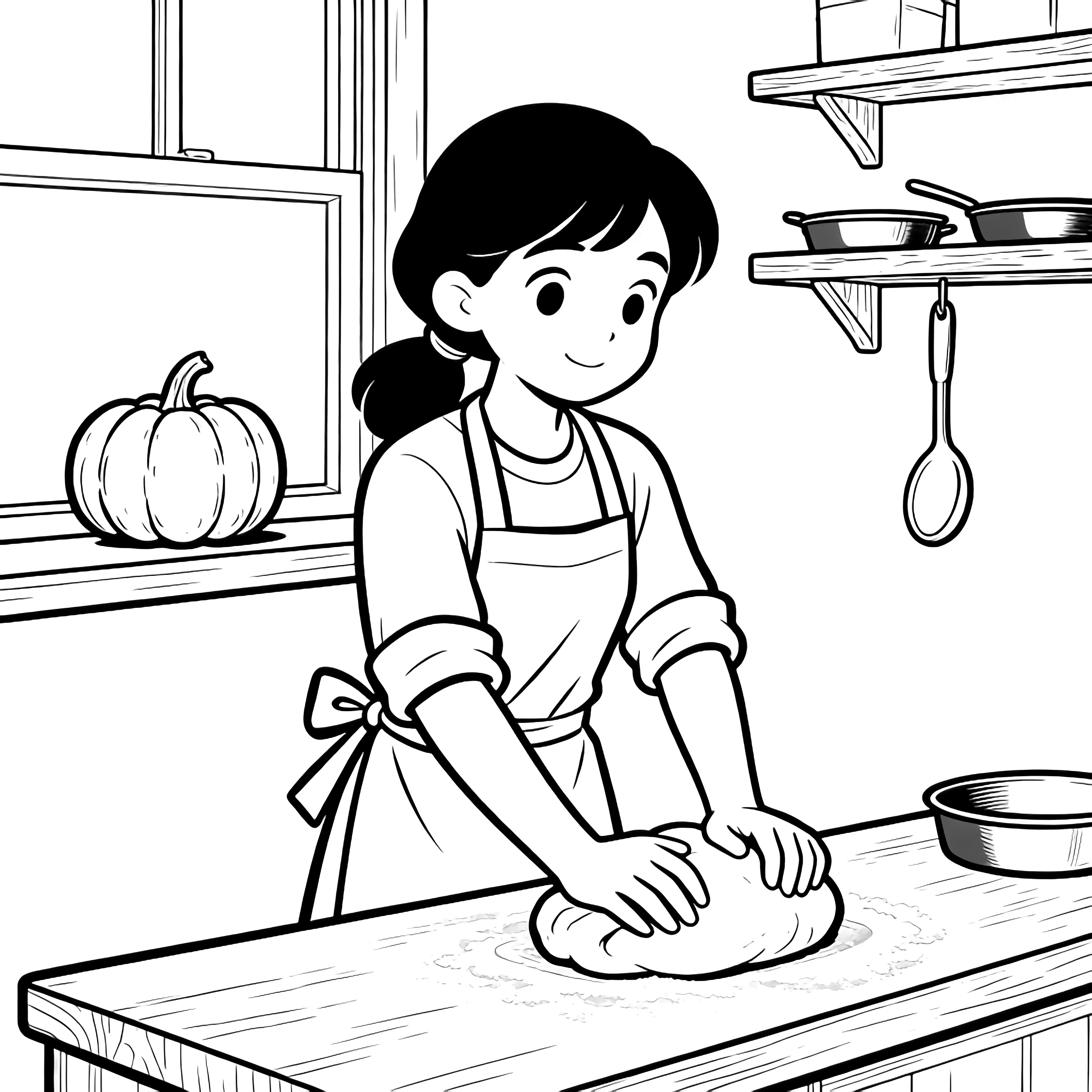 Kiki kneads dough at a bakery counter, apron tied, pumpkin on the windowsill, wooden shelves with pans and a hanging spoon. kleurplaat