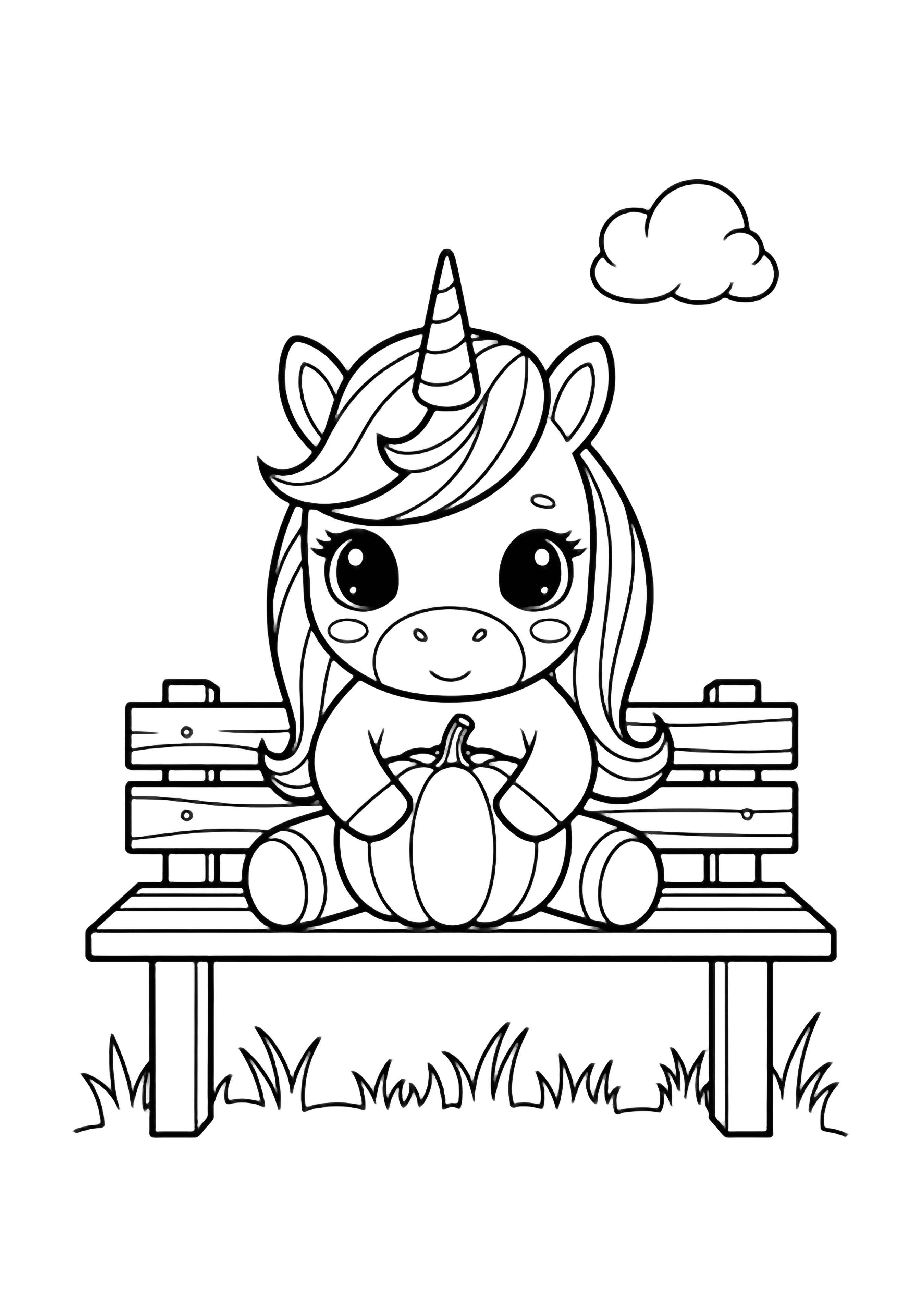 A kawaii unicorn with big eyes and flowing mane hugs a round pumpkin while sitting on a plain wooden bench; simple grass line and tiny cloud above. kleurplaat