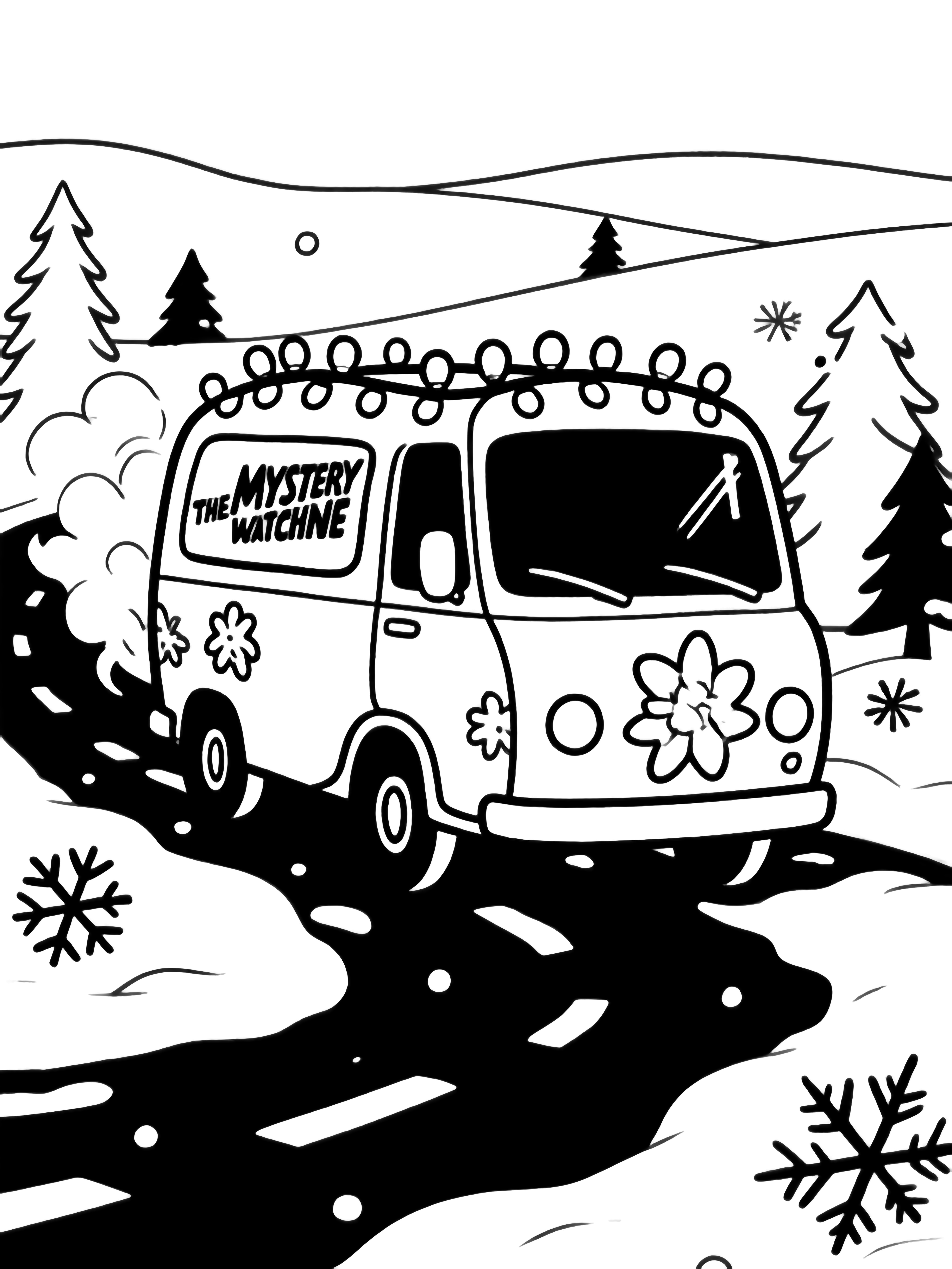 The Mystery Machine van decorated with bulb-shaped lights cruises along a snowy road amid swirling snowflakes and distant pines. kleurplaat