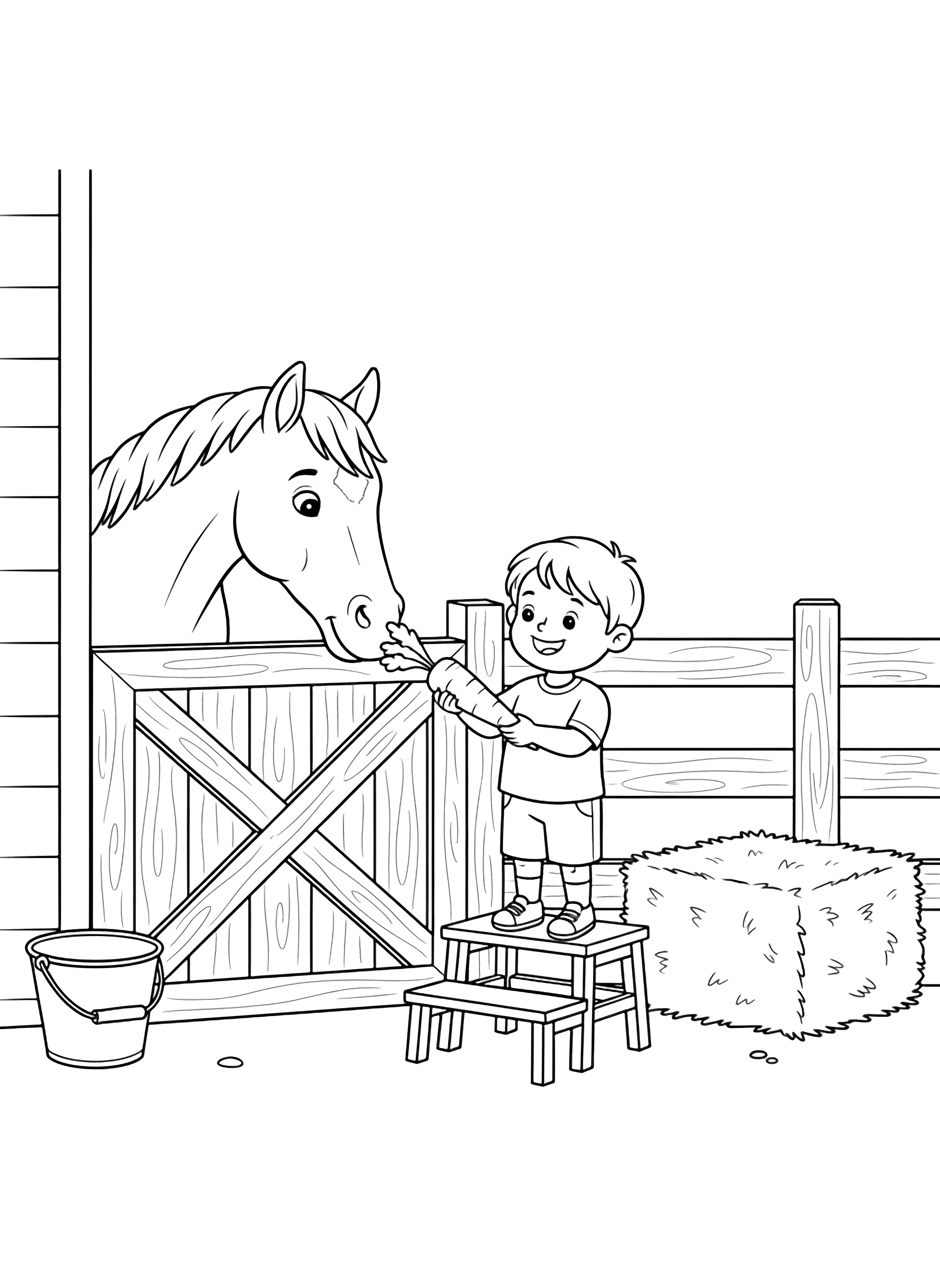 A happy child on a stool offers a carrot to a horse leaning over a half-door; behind them are wooden rails, a bucket, and a hay bale. kleurplaat