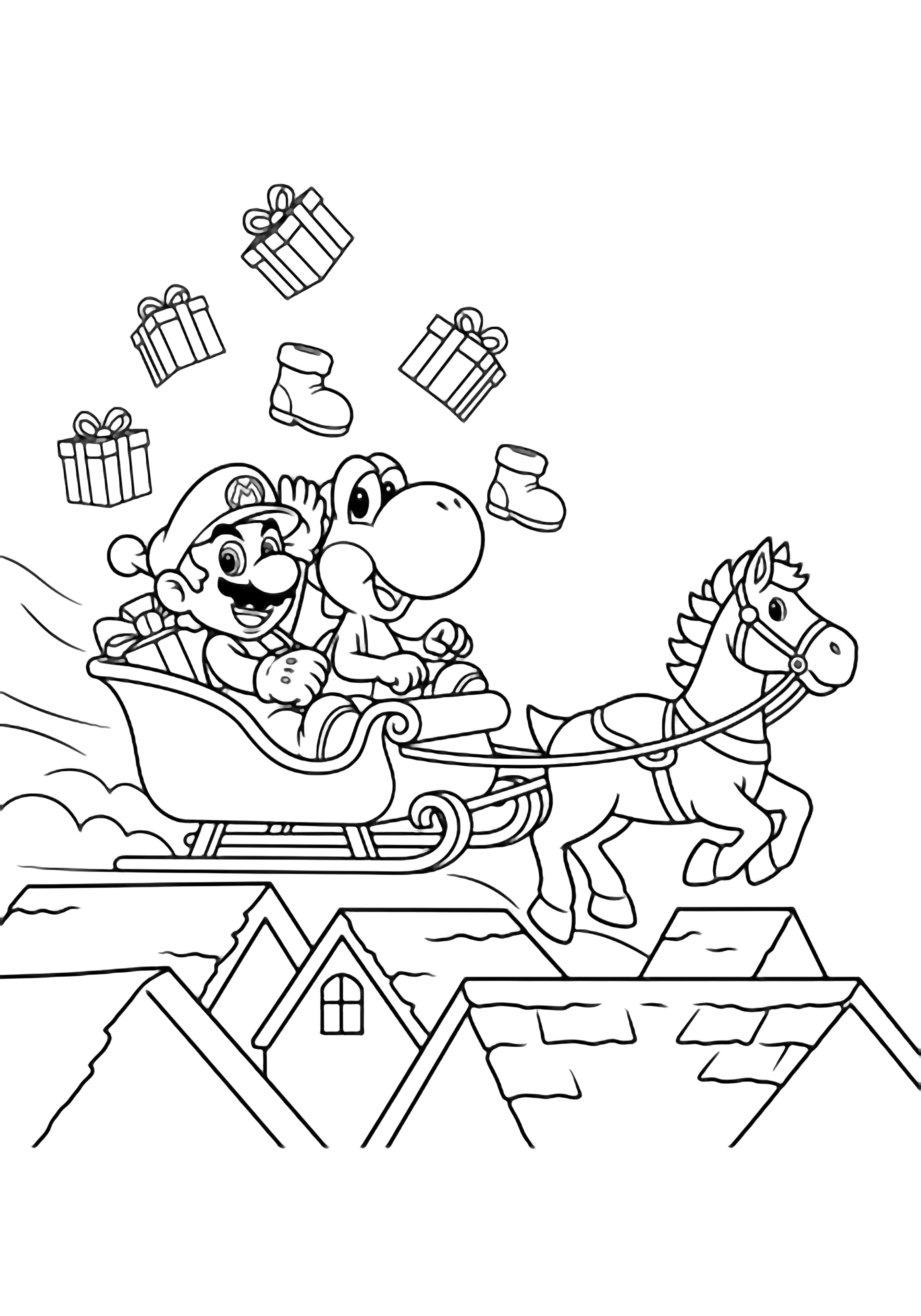 Mario and Yoshi grin in a sleigh pulled by a prancing horse over snowy rooftops while empty gift boxes and boot shapes drift above. kleurplaat