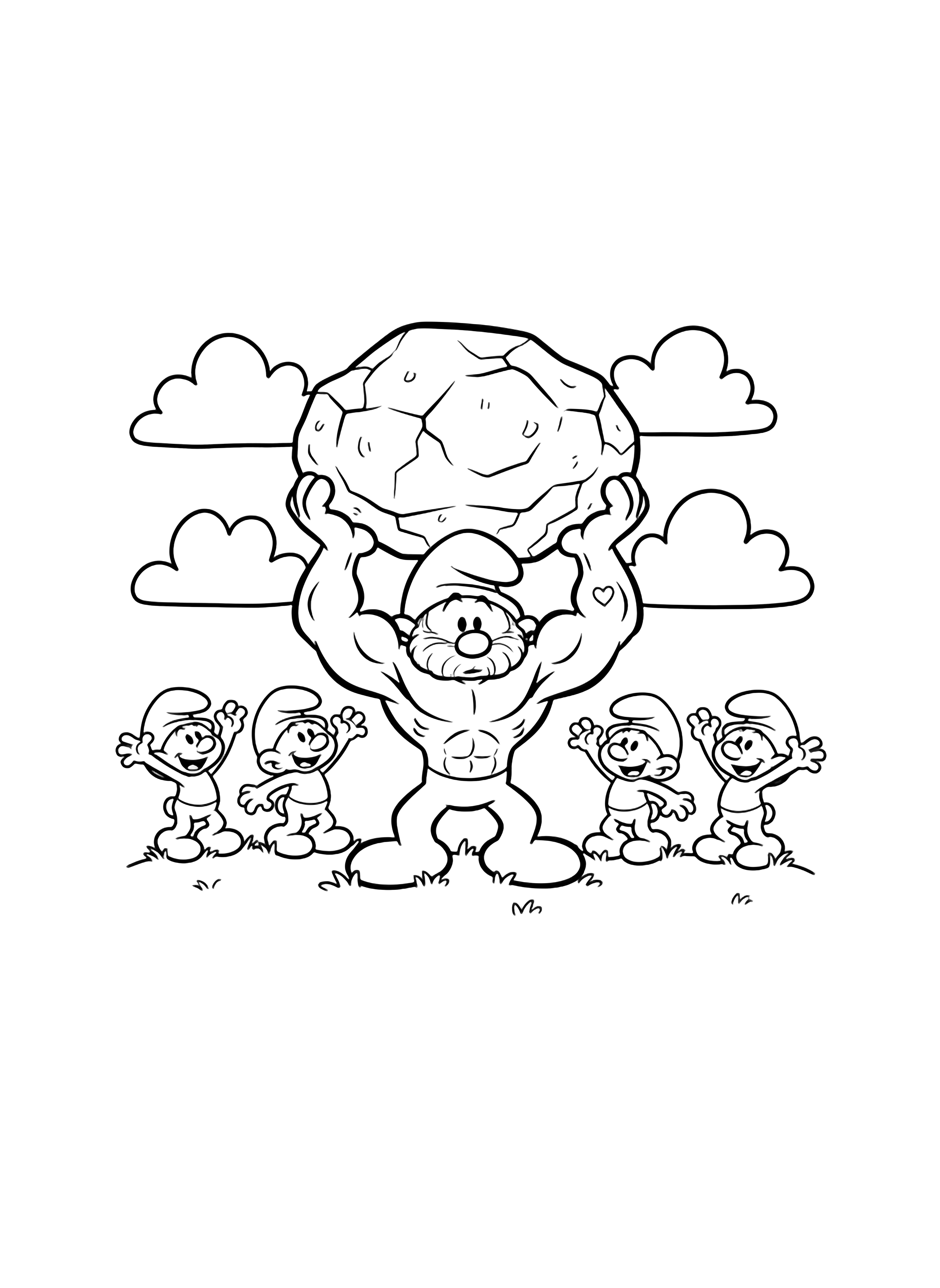 Hefty Smurf flexes while lifting a cracked boulder overhead; tiny Smurfs cheer beside him on grass under puffy clouds. kleurplaat