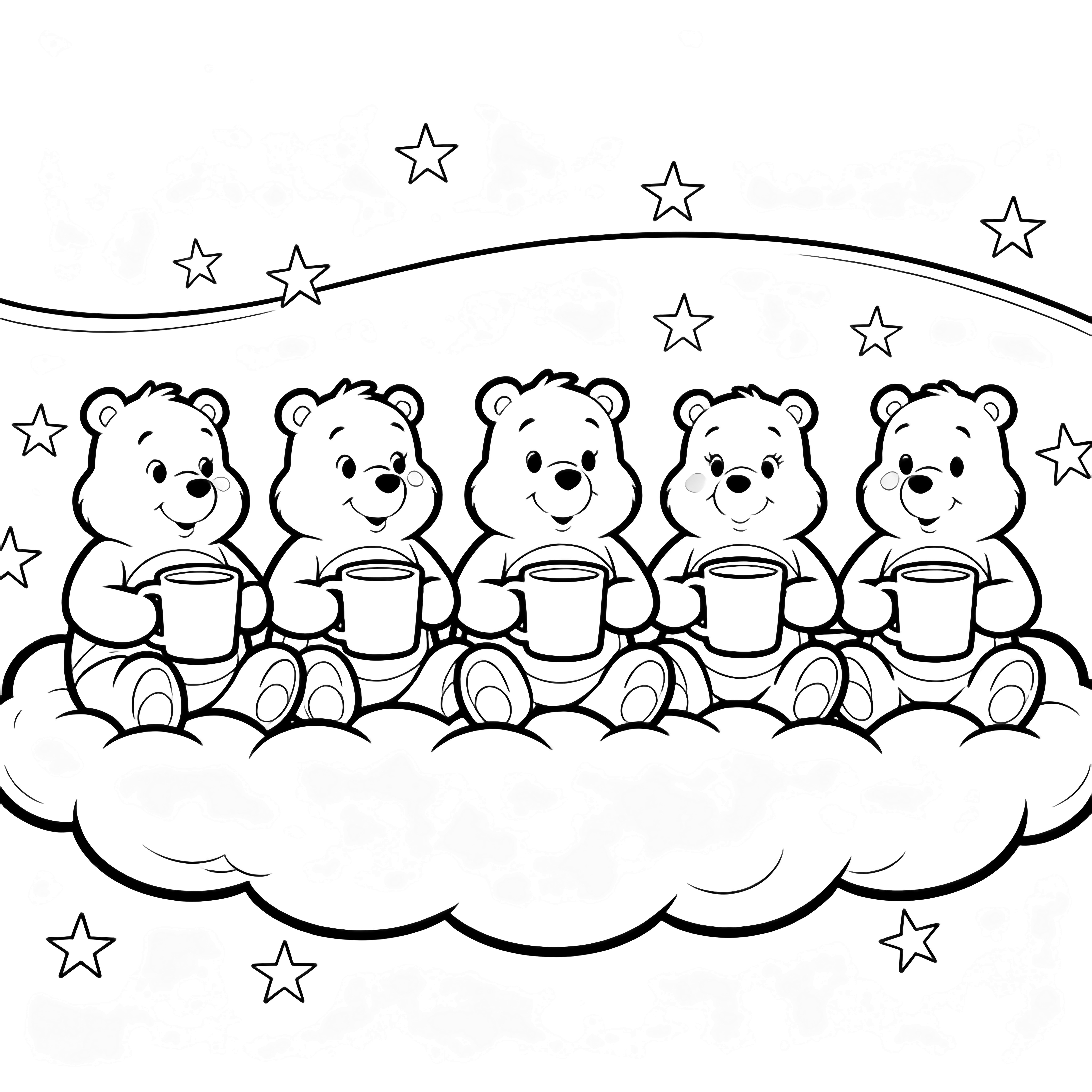 Five Care Bears sit in a row on a puffy cloud, each holding a big mug; stars twinkle around them. kleurplaat