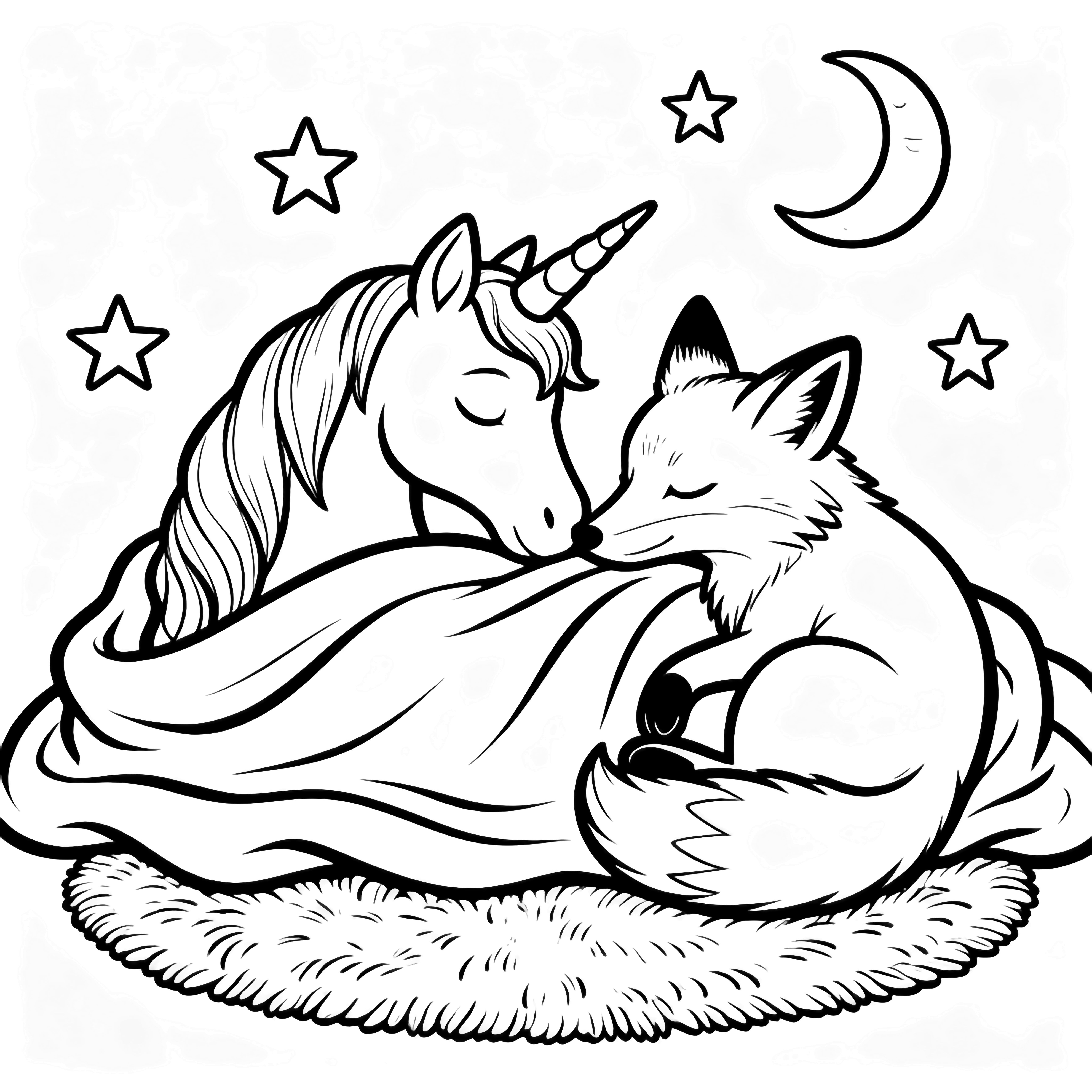 A sleeping unicorn and a curled fox share a blanket; stars, a crescent moon, and a tufted rug drift nearby. kleurplaat