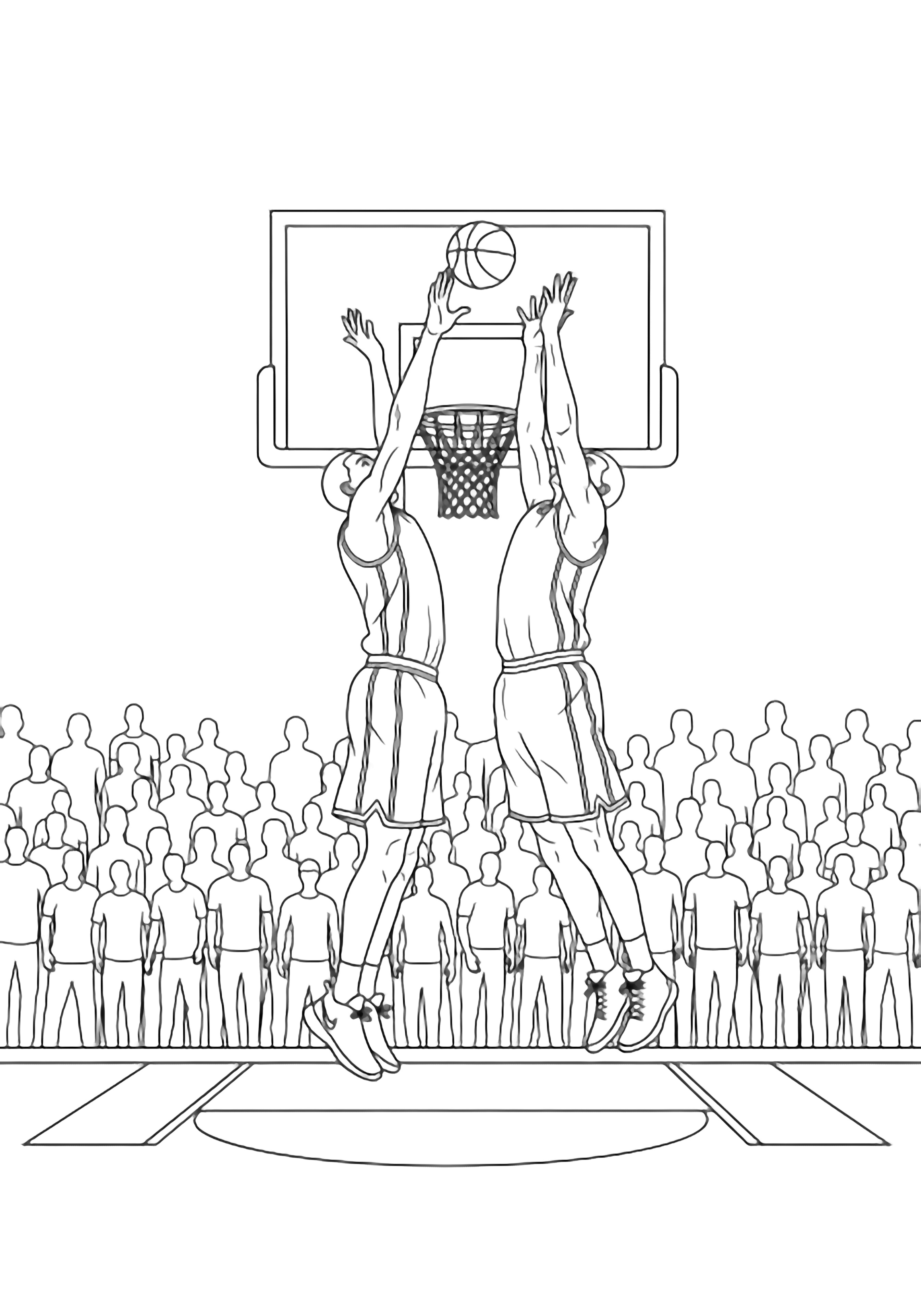 Two tall basketball players leap side-by-side, hands touching the ball above a hoop; court lines below, crowd of plain rectangles. kleurplaat