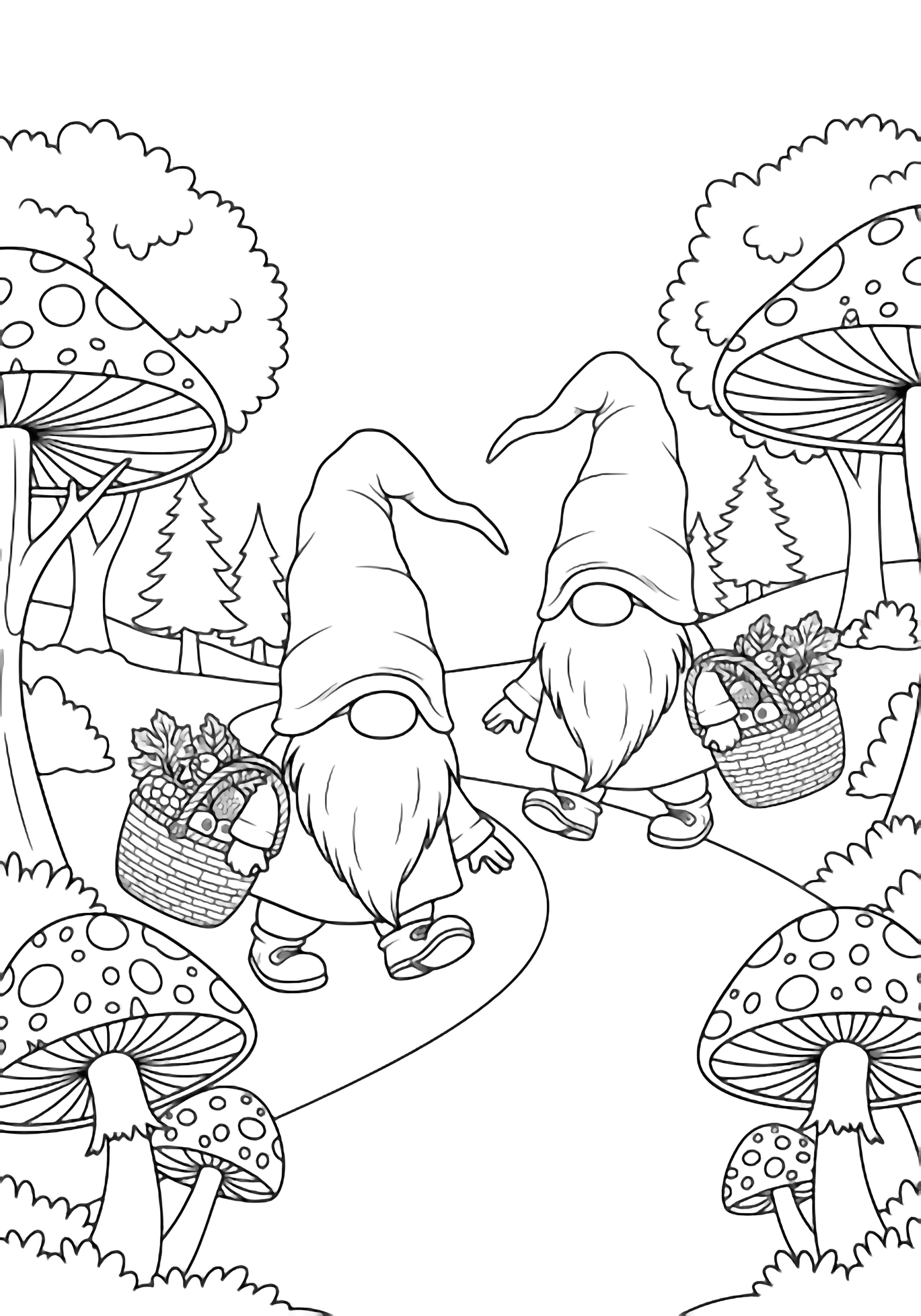 Two cheerful gnomes with tall hats carry berry baskets along a curving forest trail, framed by large mushrooms and leafy trees. kleurplaat