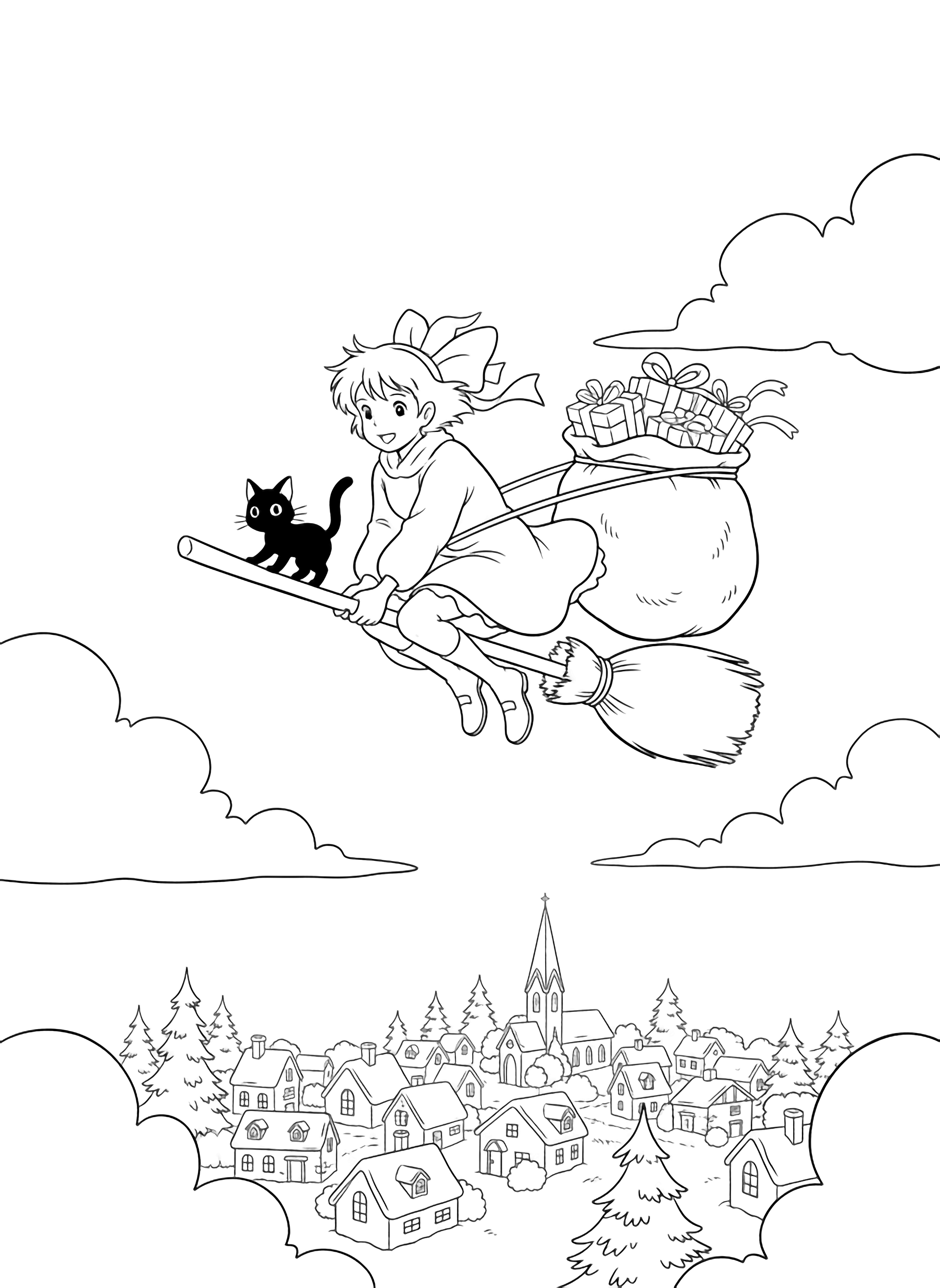 Kiki and Jiji fly above a snow-dusted village, her broom towing a sack of ribbon-tied gifts; tiny houses, a church steeple, and drifting clouds fill the sky. kleurplaat