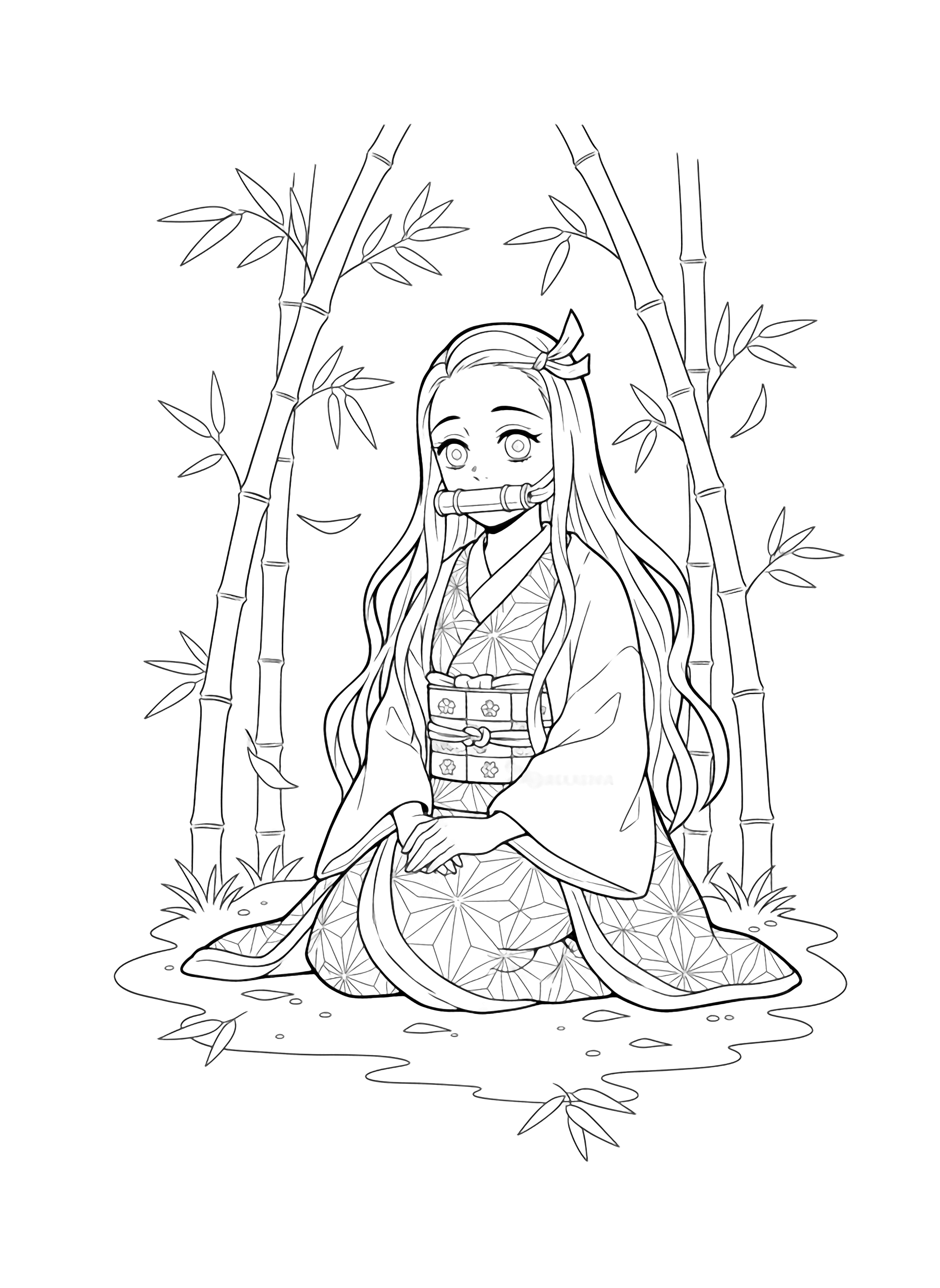Nezuko kneels in a bamboo grove, hands folded in her lap, kimono and flowing ribbon detailed while slender bamboos arch behind and leaves drift around her. kleurplaat