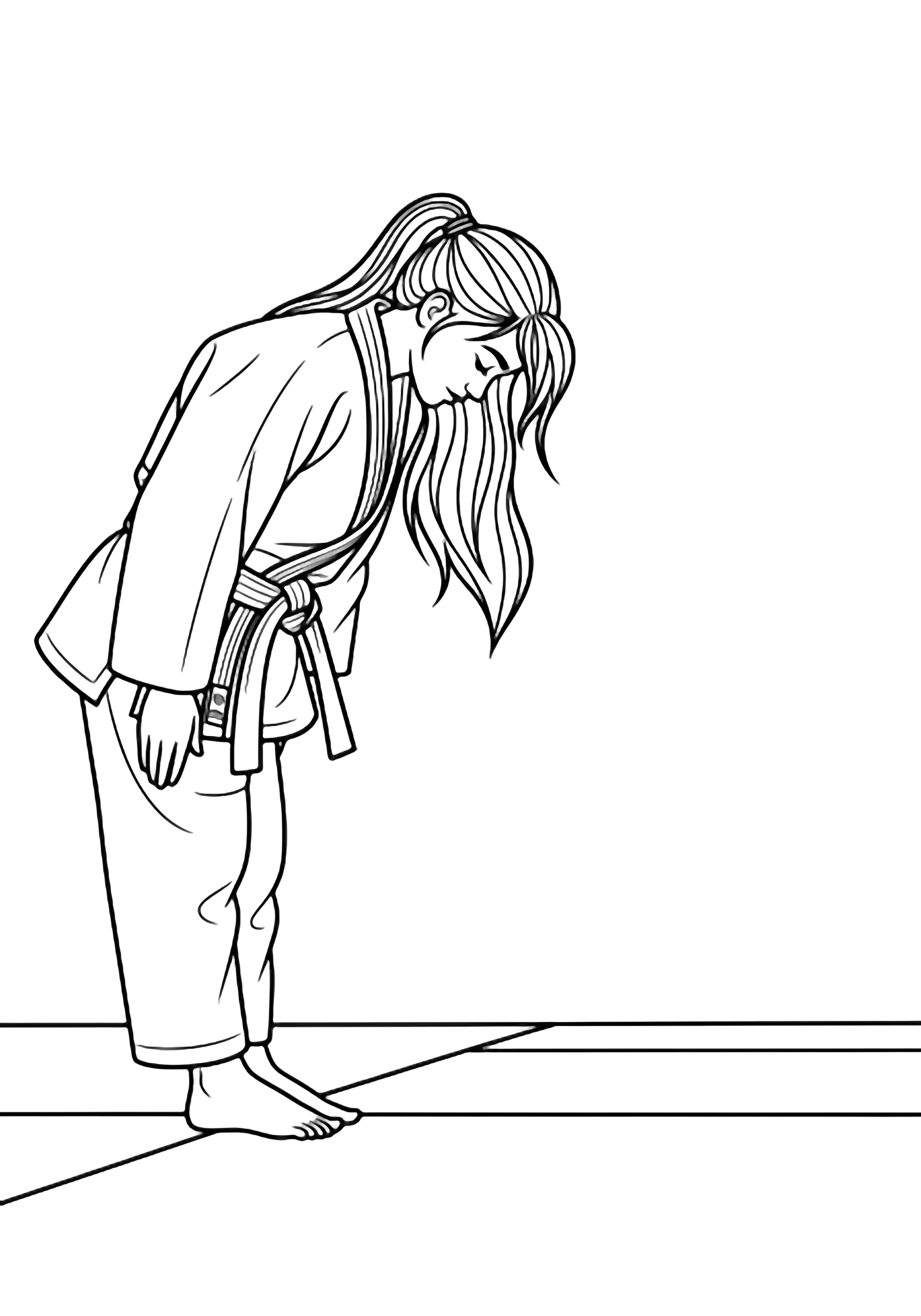 Young judoka with ponytail bowing at mat edge, knees bent, arms straight, ponytail flowing kleurplaat