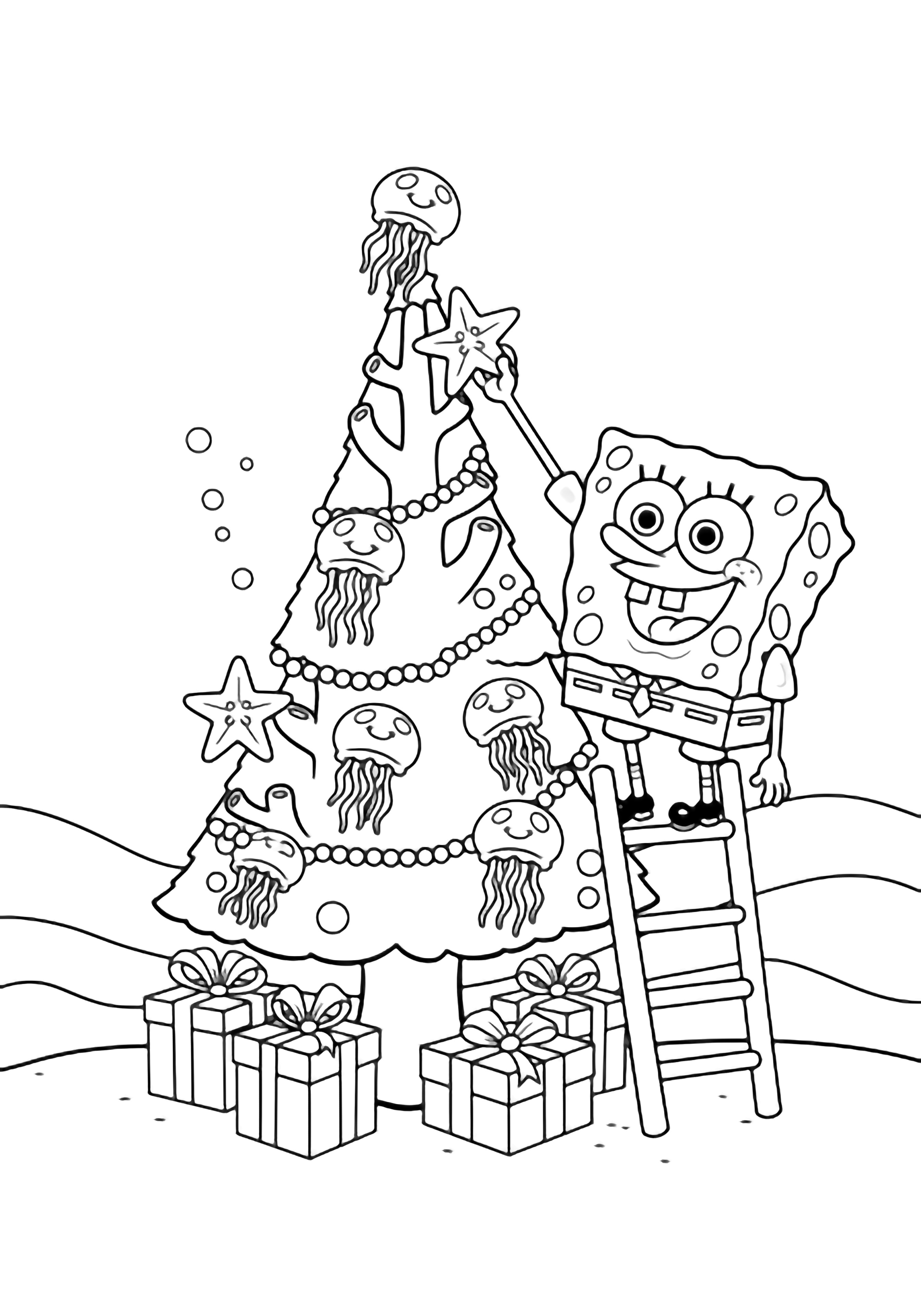 Cheerful SpongeBob on a short ladder hangs star-shaped jellyfish ornaments on a branching coral Christmas tree, surrounded by reef gift boxes and gentle waves. kleurplaat