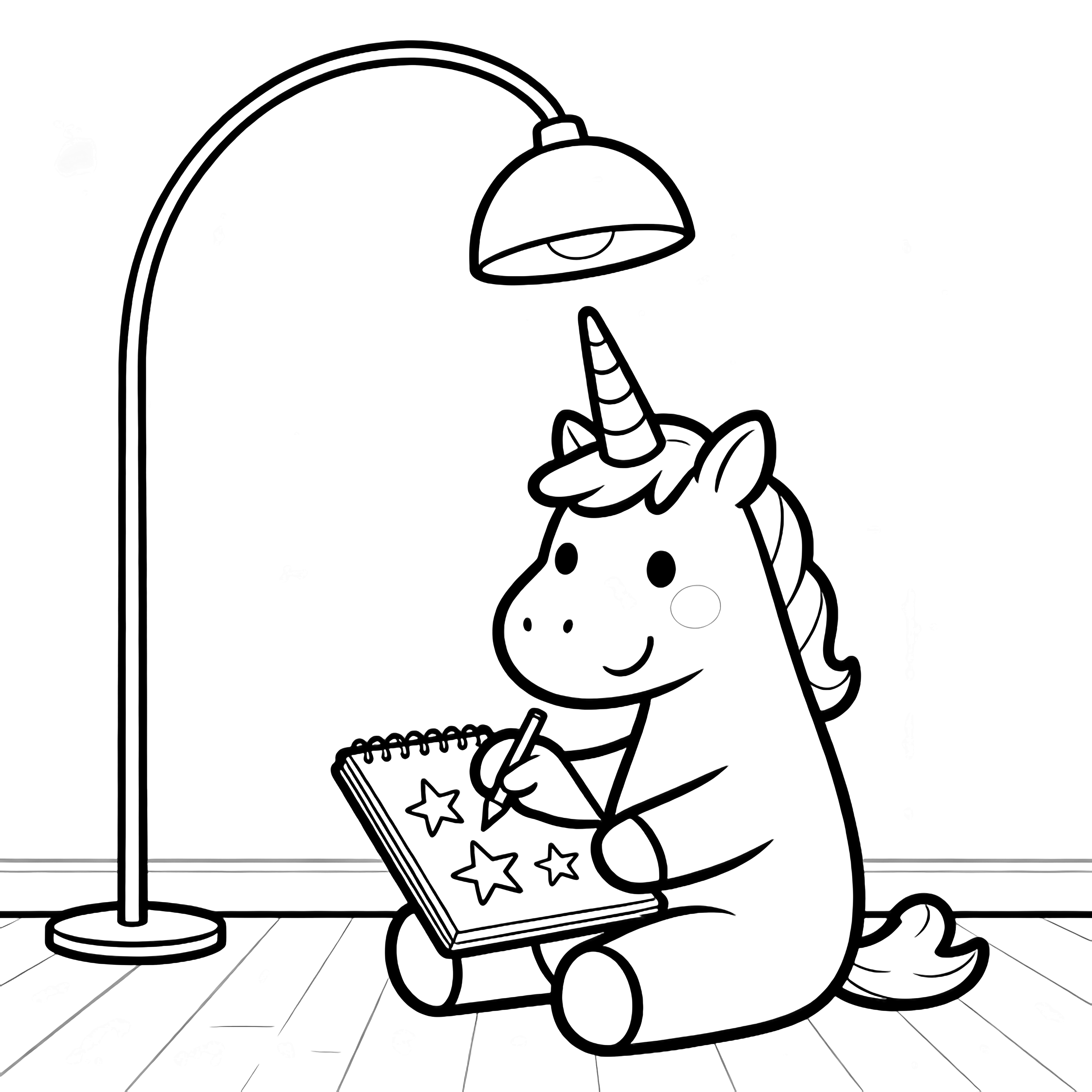 A cheerful unicorn sits cross-legged, horn poised over a sketchpad as it draws stars; a tall floor lamp curves above, with an empty floor and blank wall behind. kleurplaat