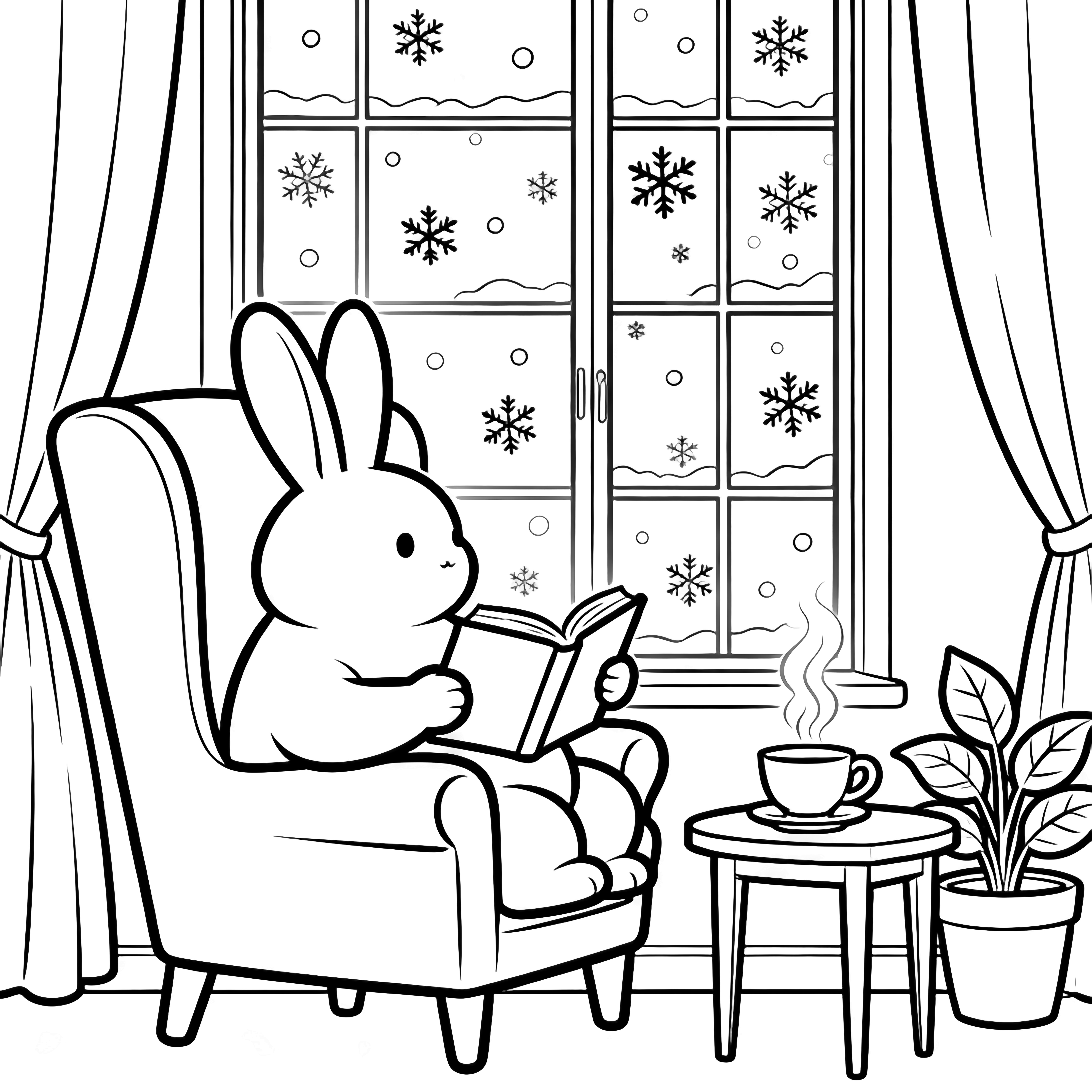 A plump bunny in a high-backed chair reads by a window, snowflakes drifting outside; a steaming teacup rests on a nearby table, curtains and a potted plant framing the cozy scene. kleurplaat