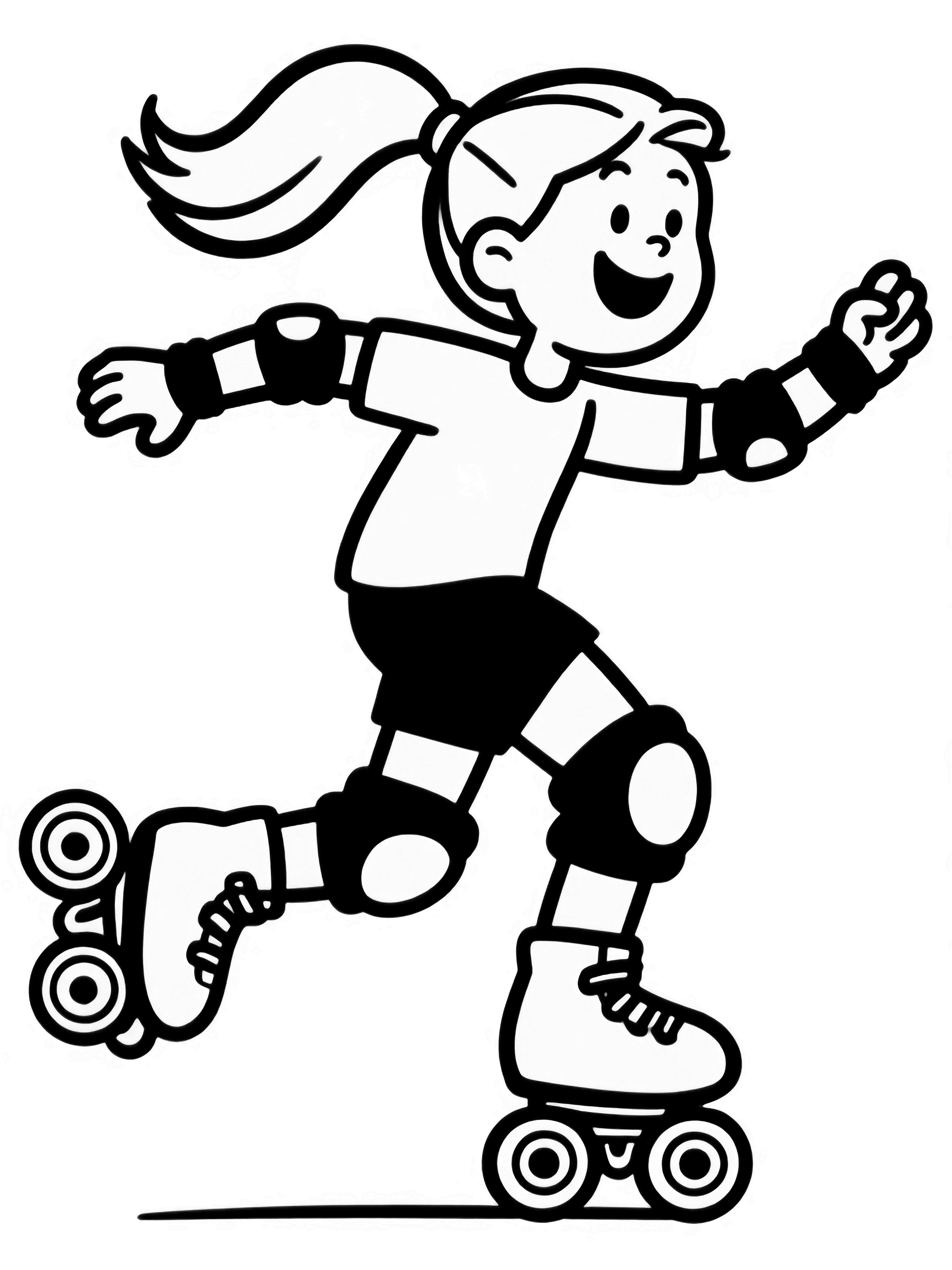A joyful roller skater zooms forward, arms wide, ponytail flying, wearing knee pads and oversized wheels. kleurplaat