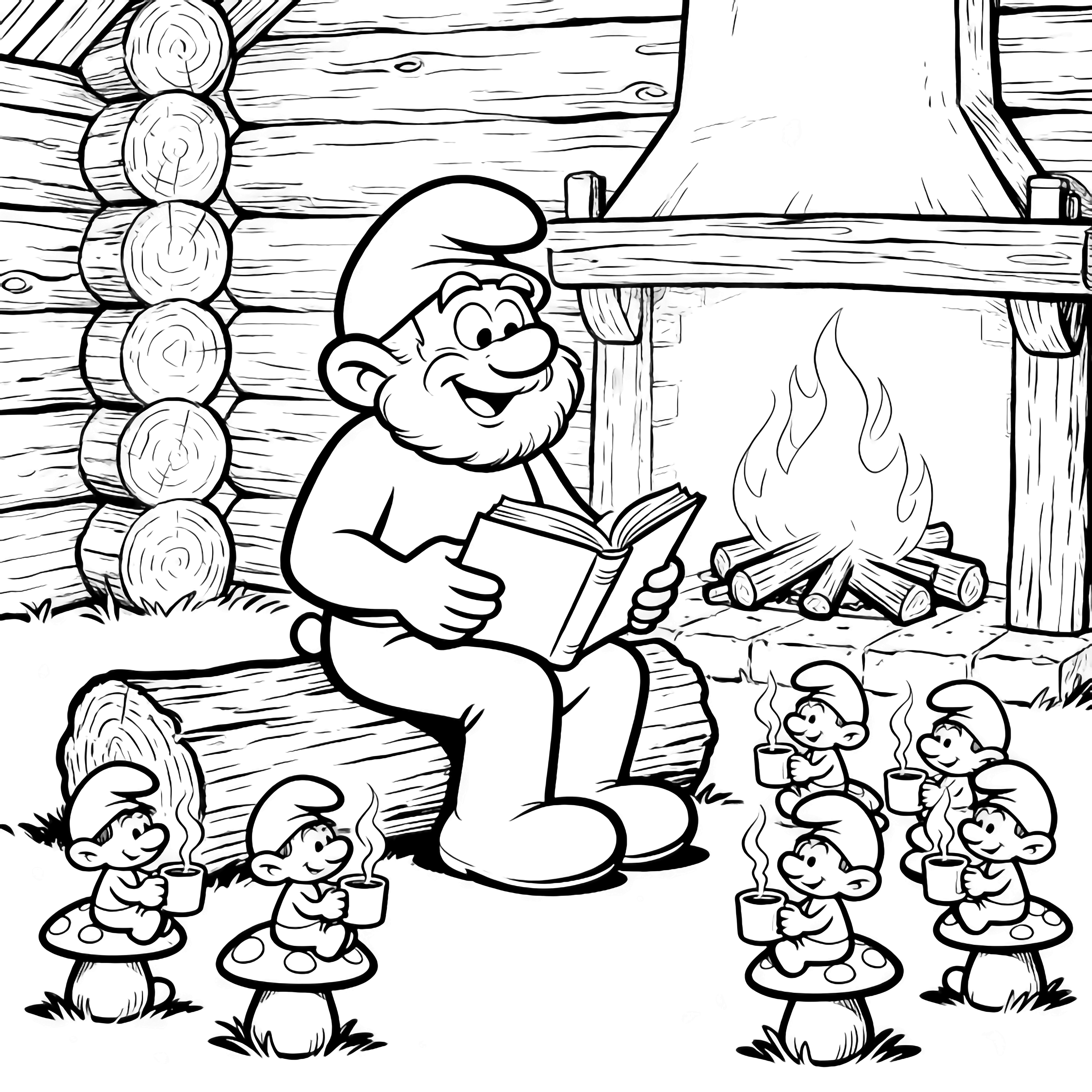 Papa Smurf on a log reading, tiny Smurfs on mushroom stools with mugs, cozy log cabin and fireplace behind kleurplaat