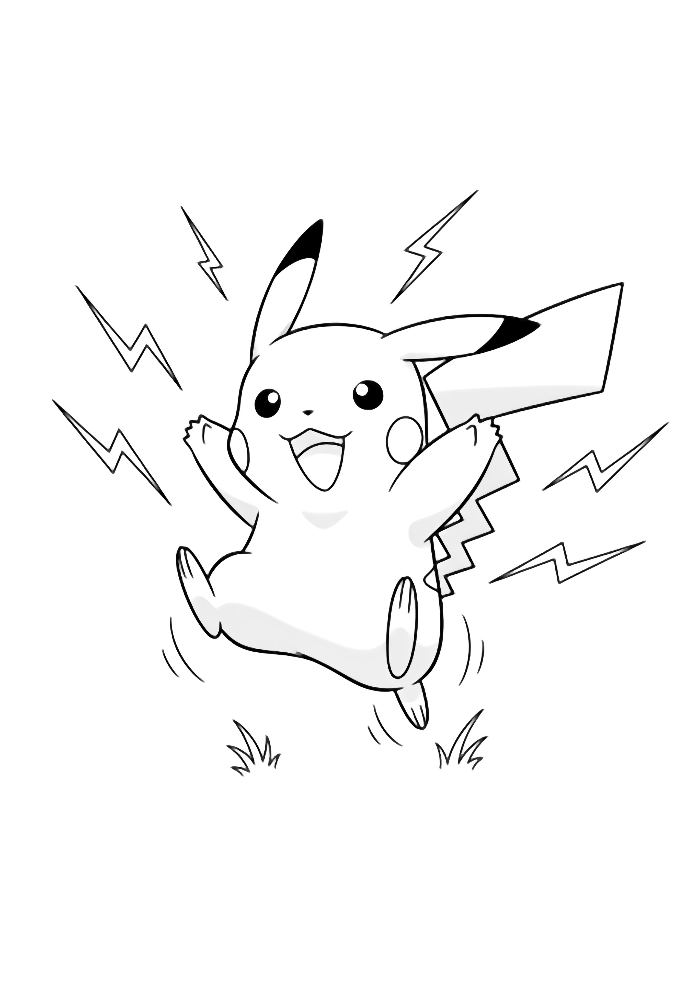 Pikachu mid-hop, ears back, tiny paws flinging wide, zig-zag lightning radiating, grass tufts below kleurplaat