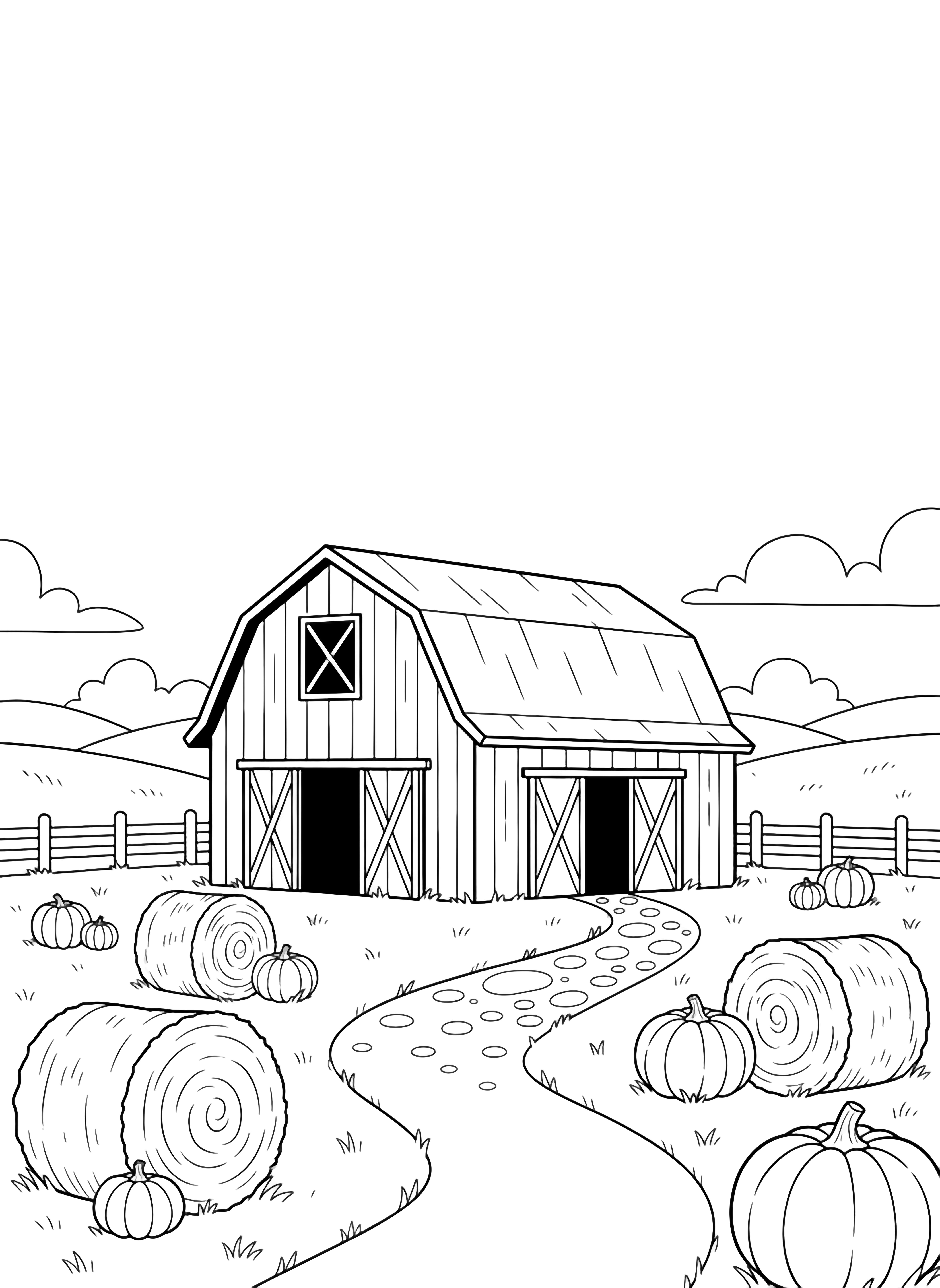 A big barn with open doors, round hay bales in front, pumpkins along a curving path, simple fence, rolling hills behind. kleurplaat
