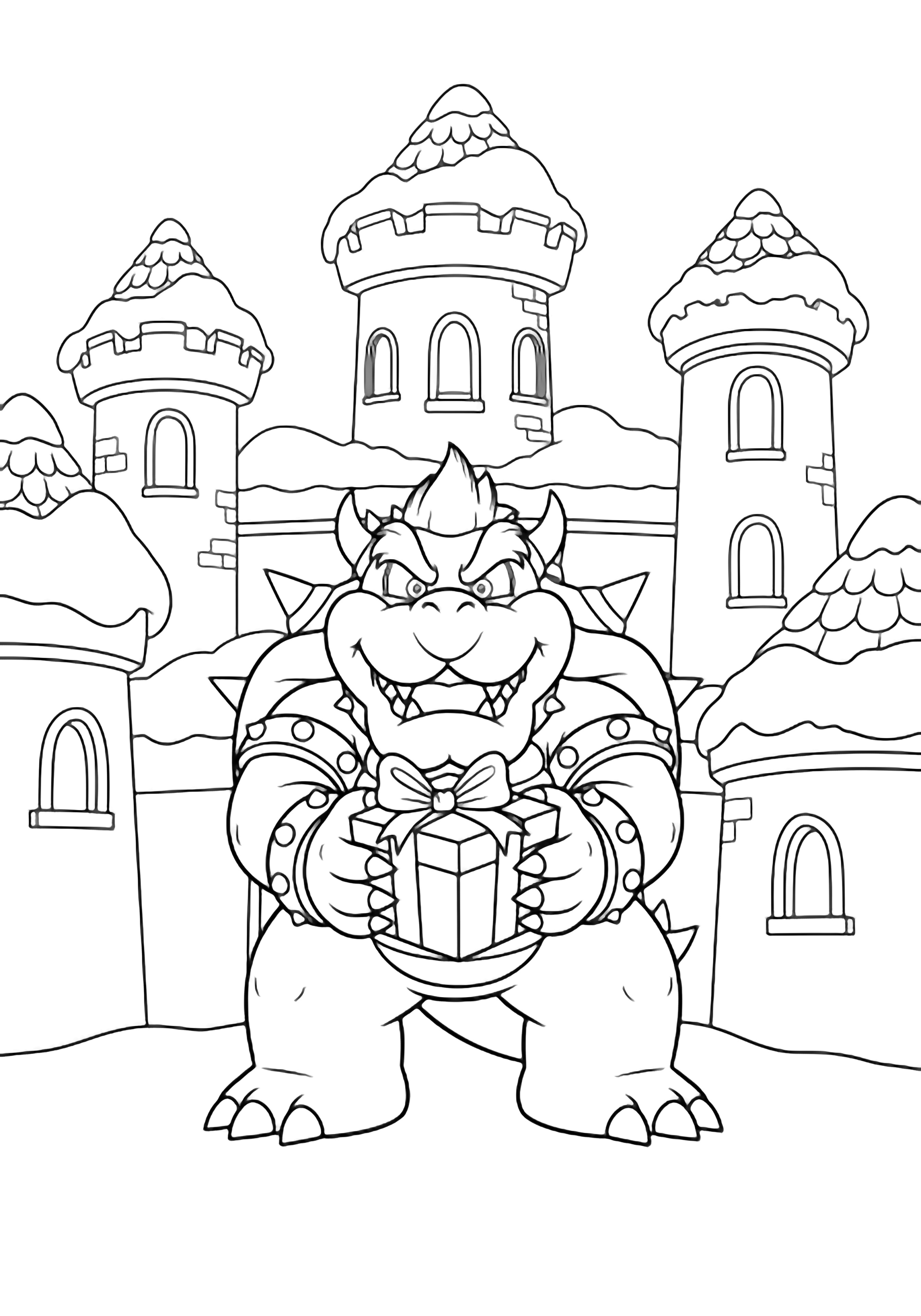 illustration on a Big friendly Bowser stands center holding a ribbon tied present and grinning; behind him simple snowy castle towers with empty windows and fluffy snow on roofs all outlined for easy clean black kleurplaat
