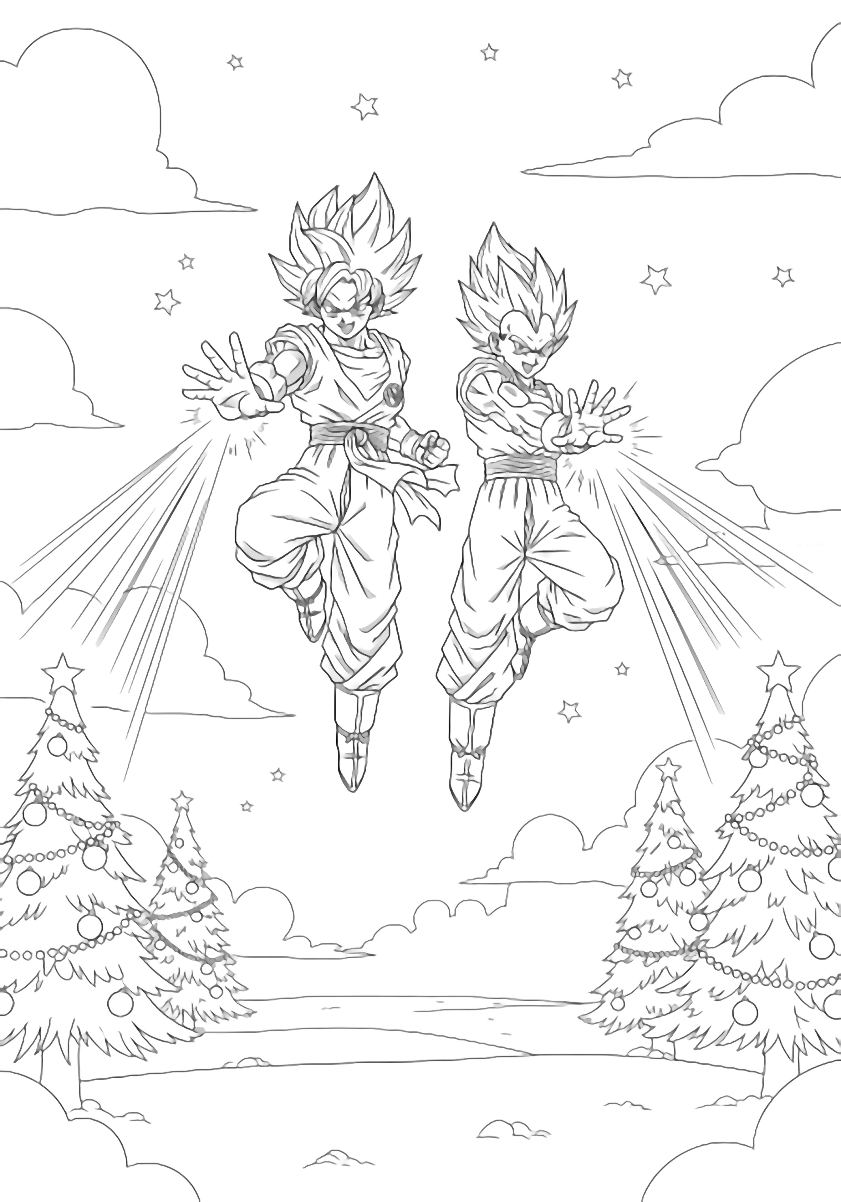 Goku and Vegeta hover mid-air, palms blasting energy beams at two tall Christmas trees on opposite sides of an open ground beneath fluffy clouds and simple stars. kleurplaat