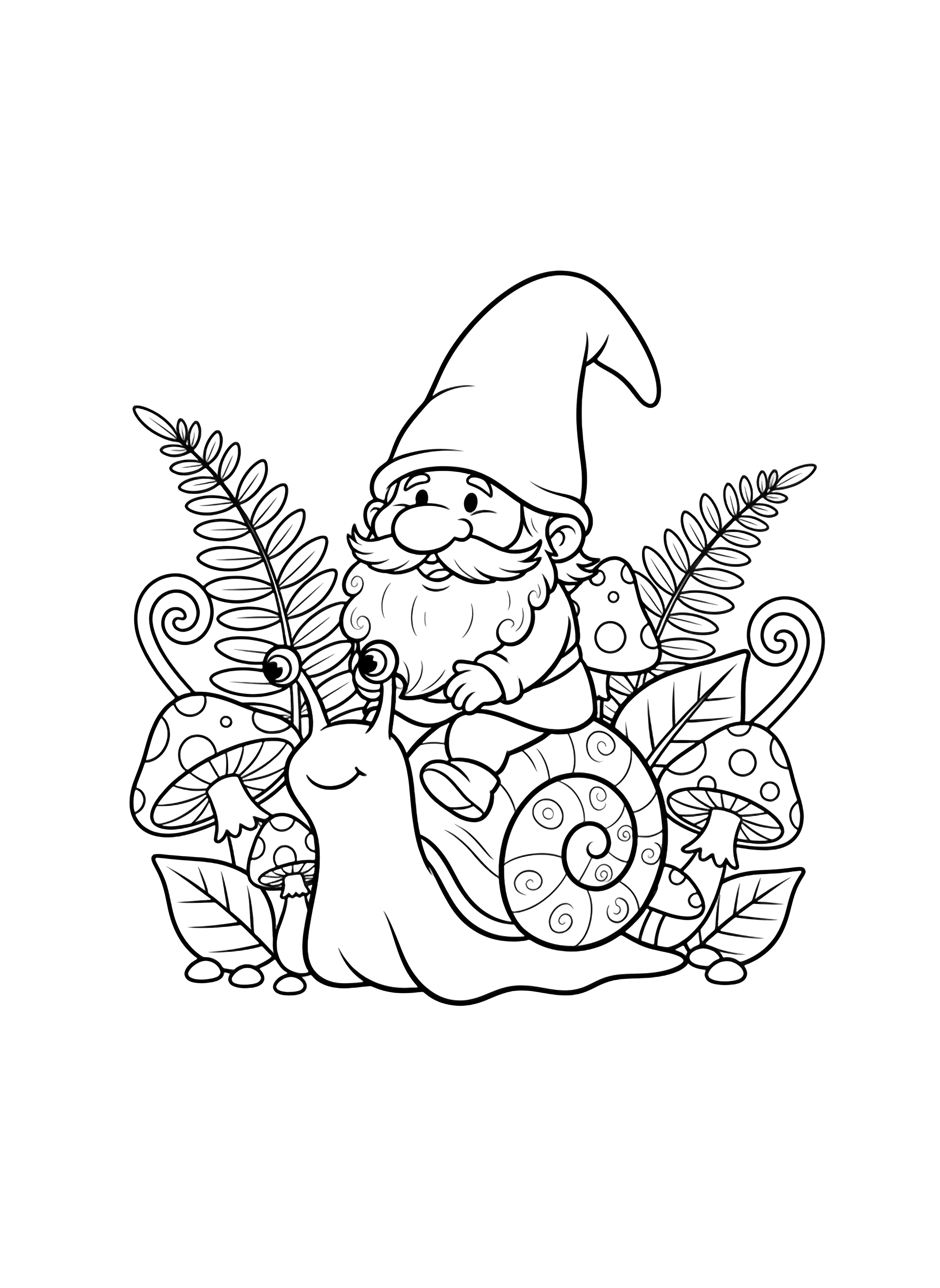 A cheerful gnome in a floppy hat rides a friendly snail amid mushrooms, ferns, and large leaves. kleurplaat