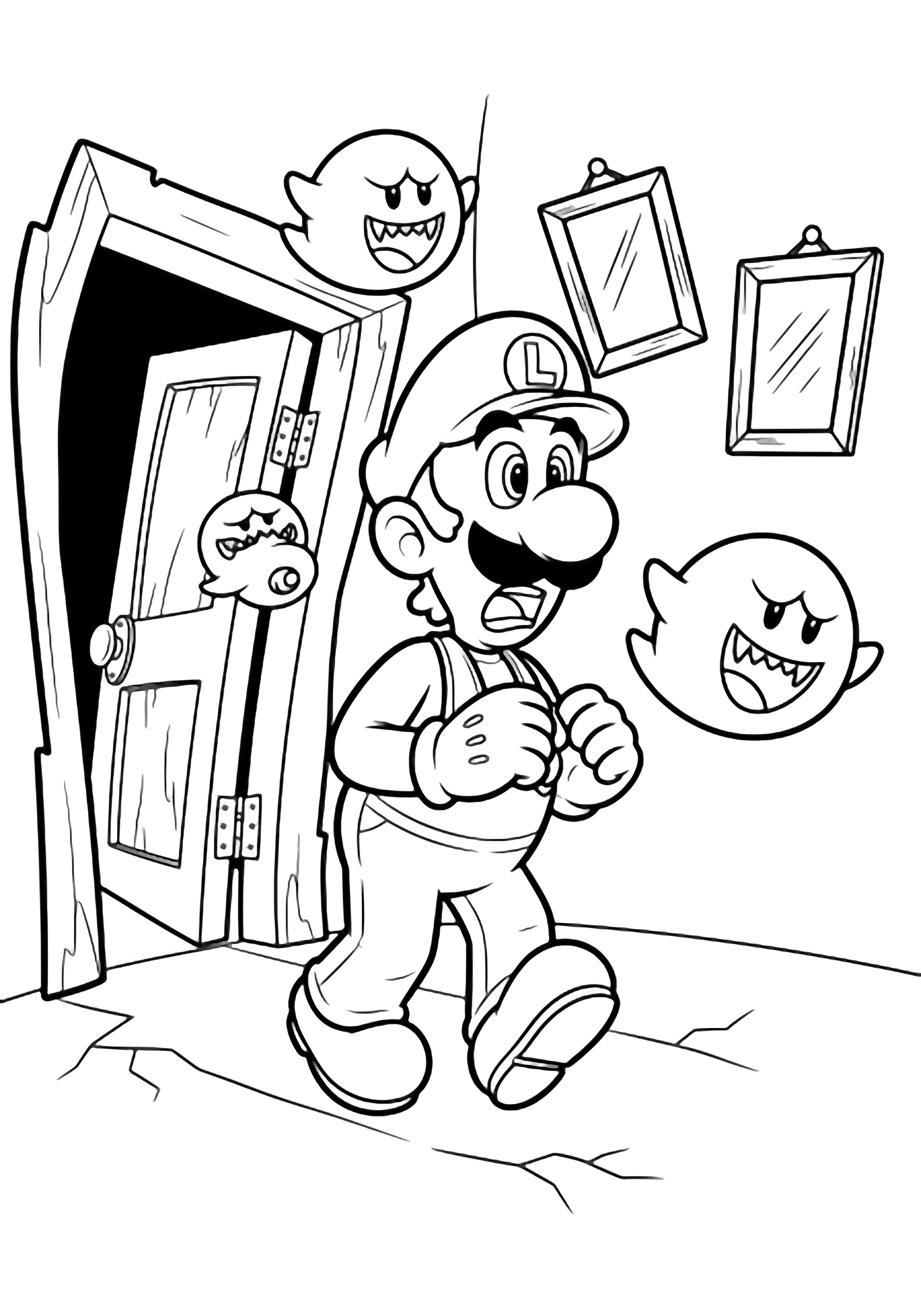 Luigi tip-toes through a crooked haunted hallway, eyes wide with fright, as round Boo ghosts drift past crooked picture frames and a creaky door. kleurplaat