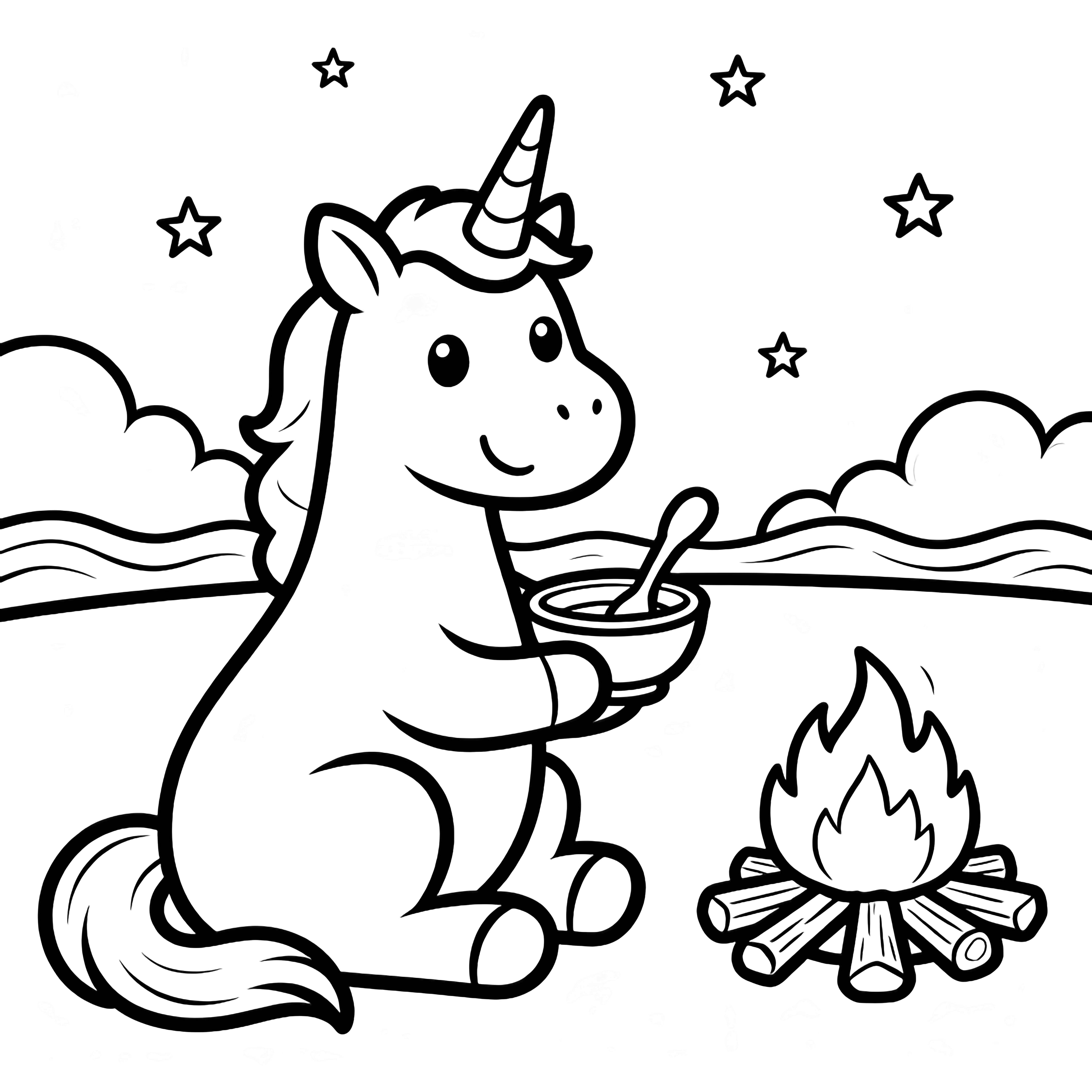 A cheerful unicorn seated, lifting a spoon over a bowl; nearby campfire ringed with stones and sticks; wavy horizon, fluffy clouds, simple stars above. kleurplaat