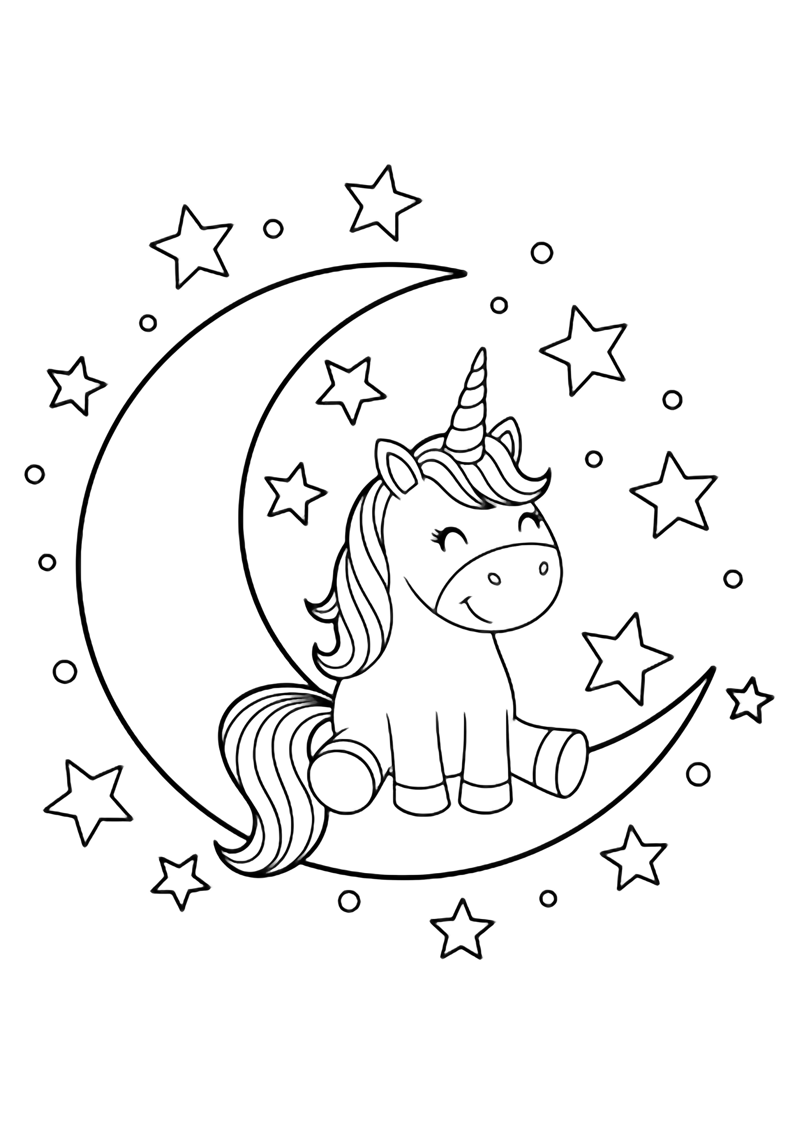 A smiling unicorn perched on a crescent moon, encircled by five-point stars and tiny dots. kleurplaat