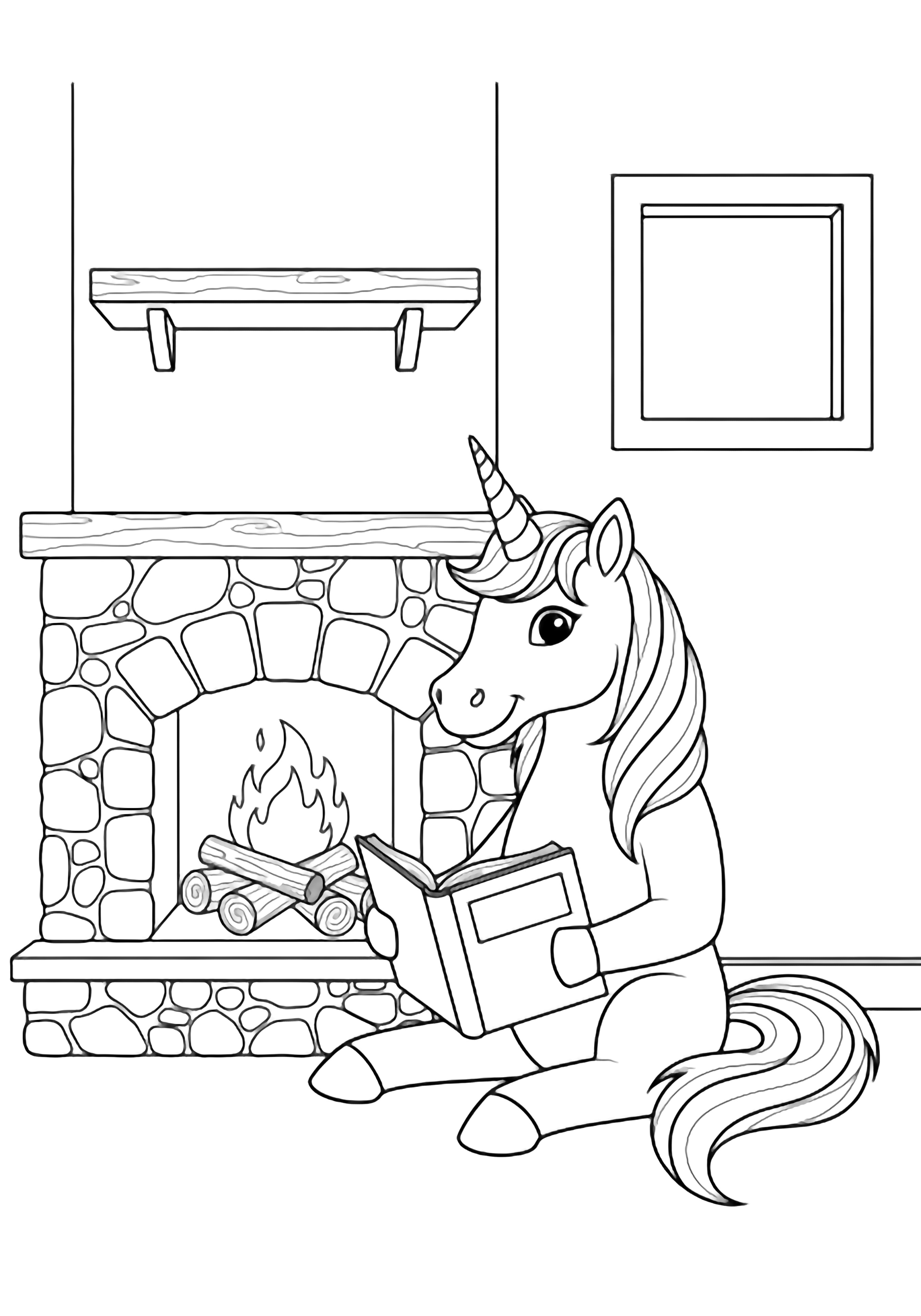 A smiling unicorn sits by a stone fireplace with an open book; logs burn below, a wooden shelf and square window complete the cozy room. kleurplaat