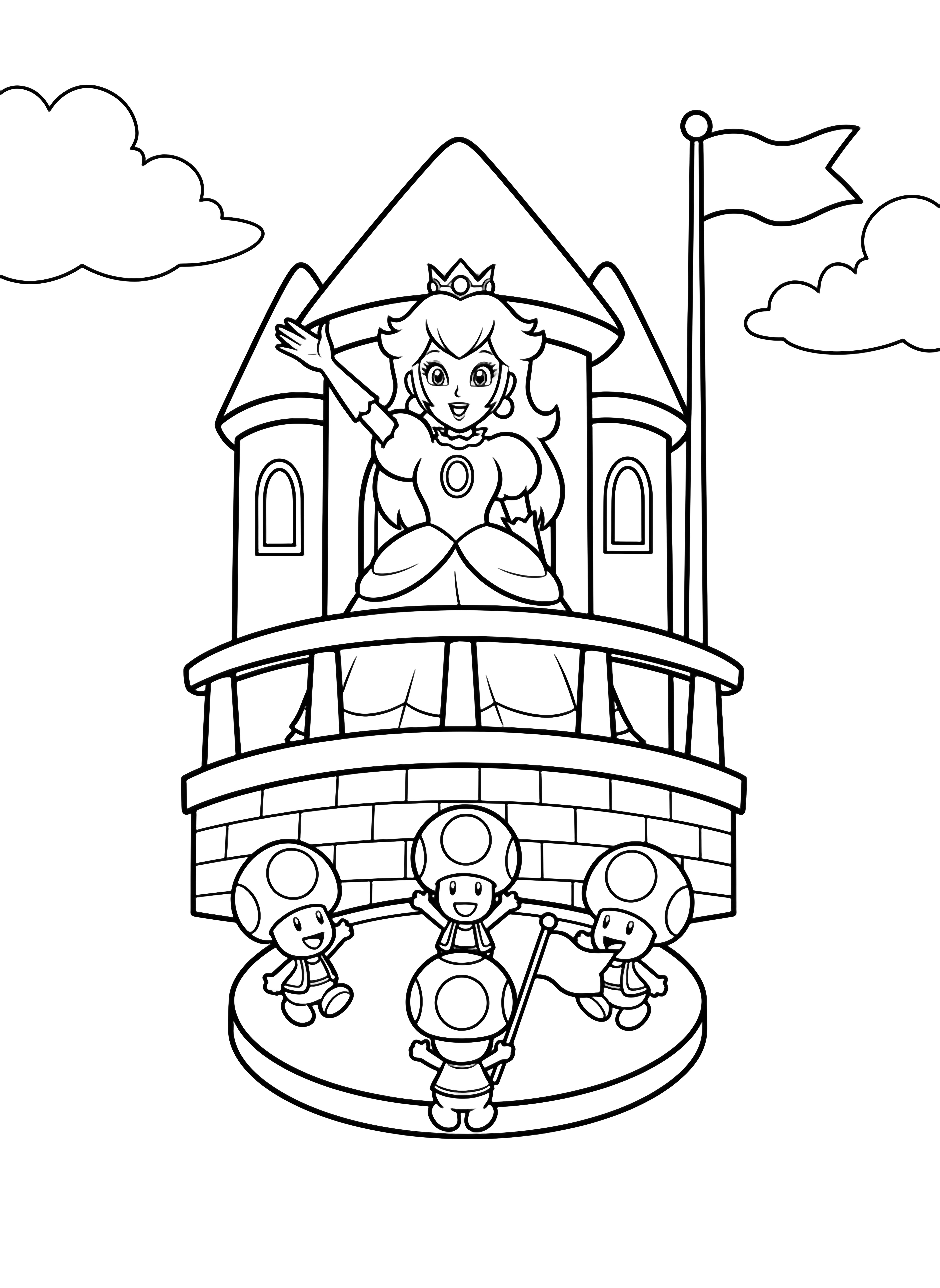 Princess Peach waves from a castle balcony; three cheerful Toads below, one with a flag, encircled by light clouds and a flagpole. kleurplaat
