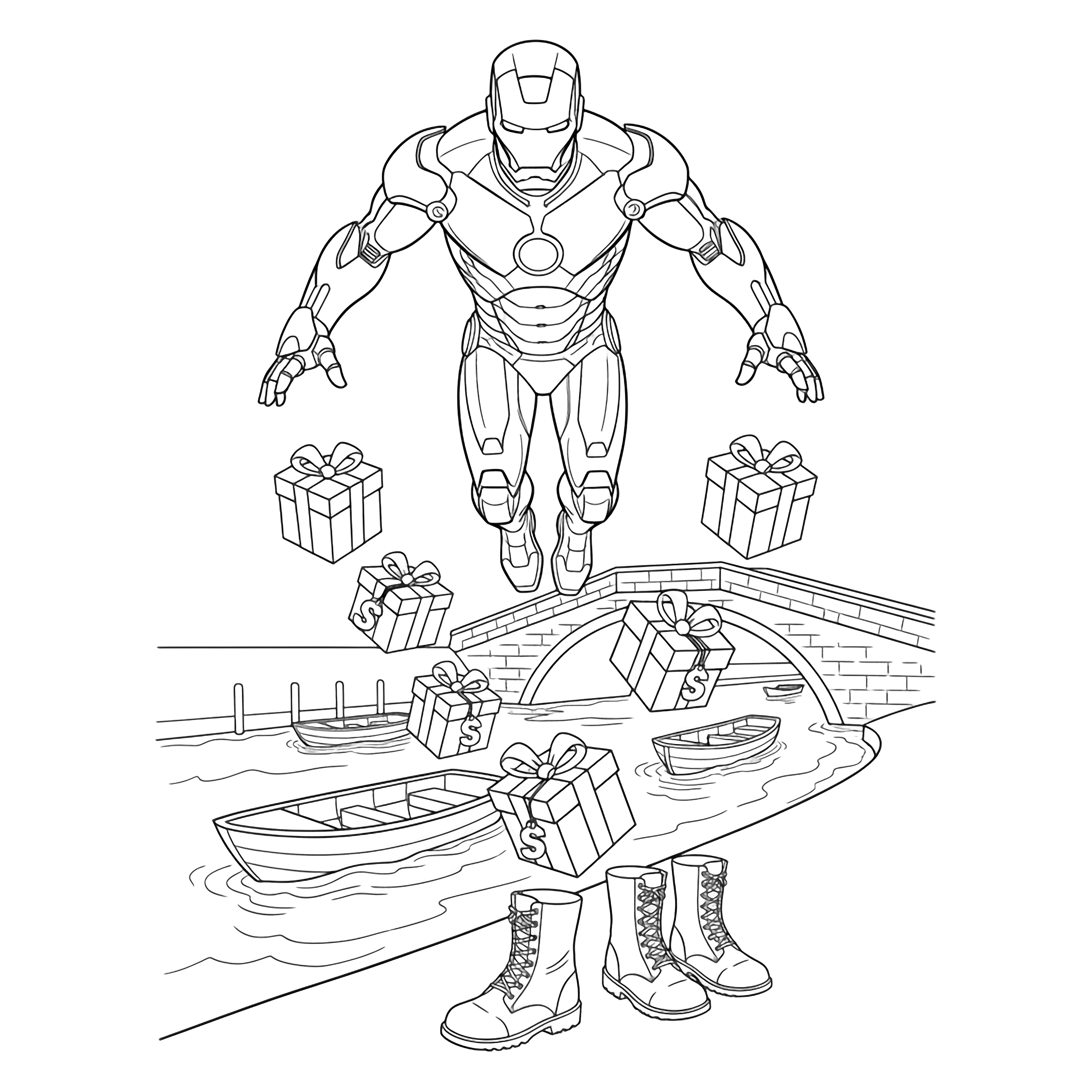 Iron Man hovers above a canal with boats, dropping gift boxes marked "S" while empty boots wait on the quay; an arched bridge spans the background. kleurplaat