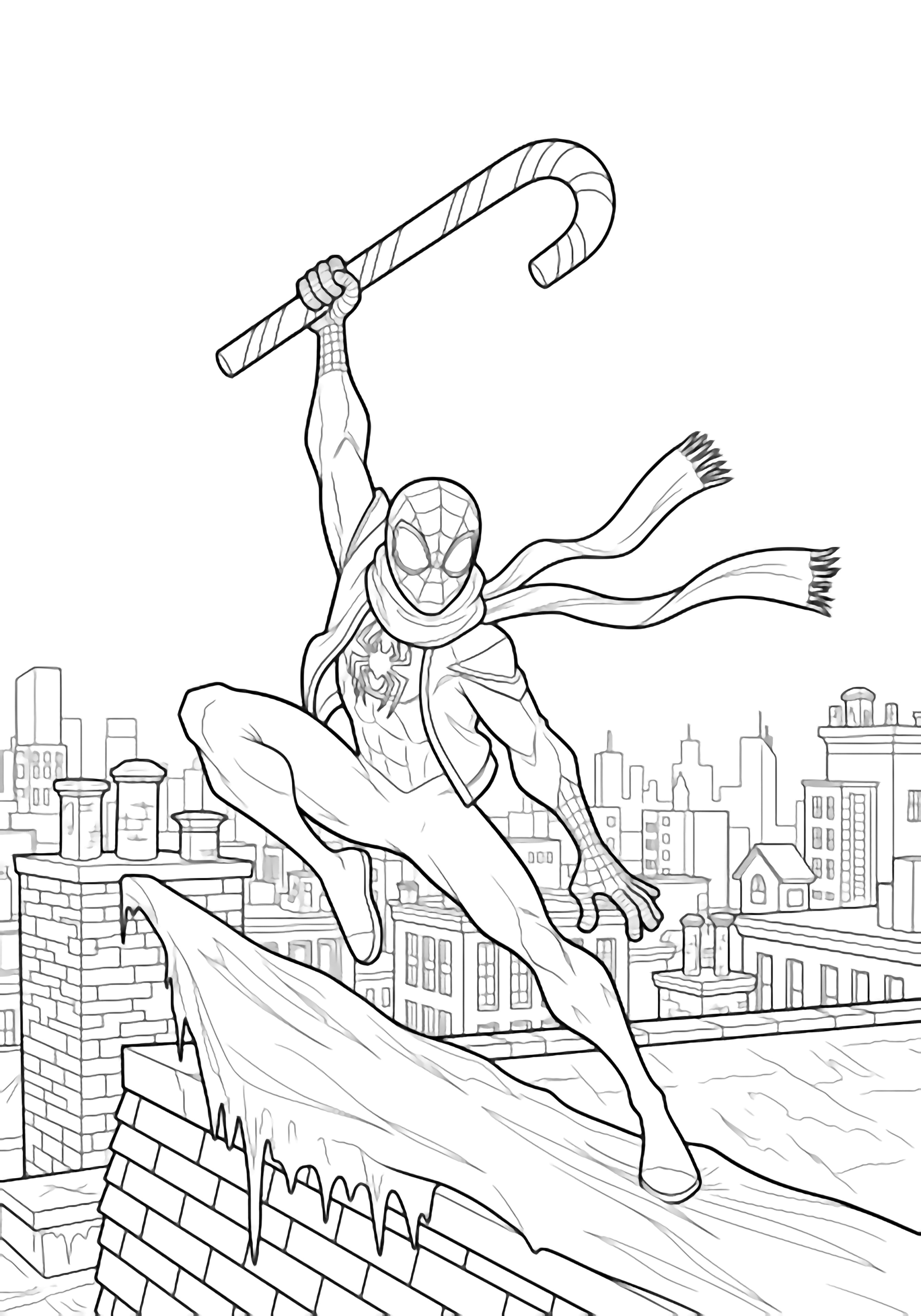 Miles Morales gliding above a snow-dusted rooftop, triumphantly holding a candy cane while his scarf billows; distant skyline and chimneys frame the scene. kleurplaat