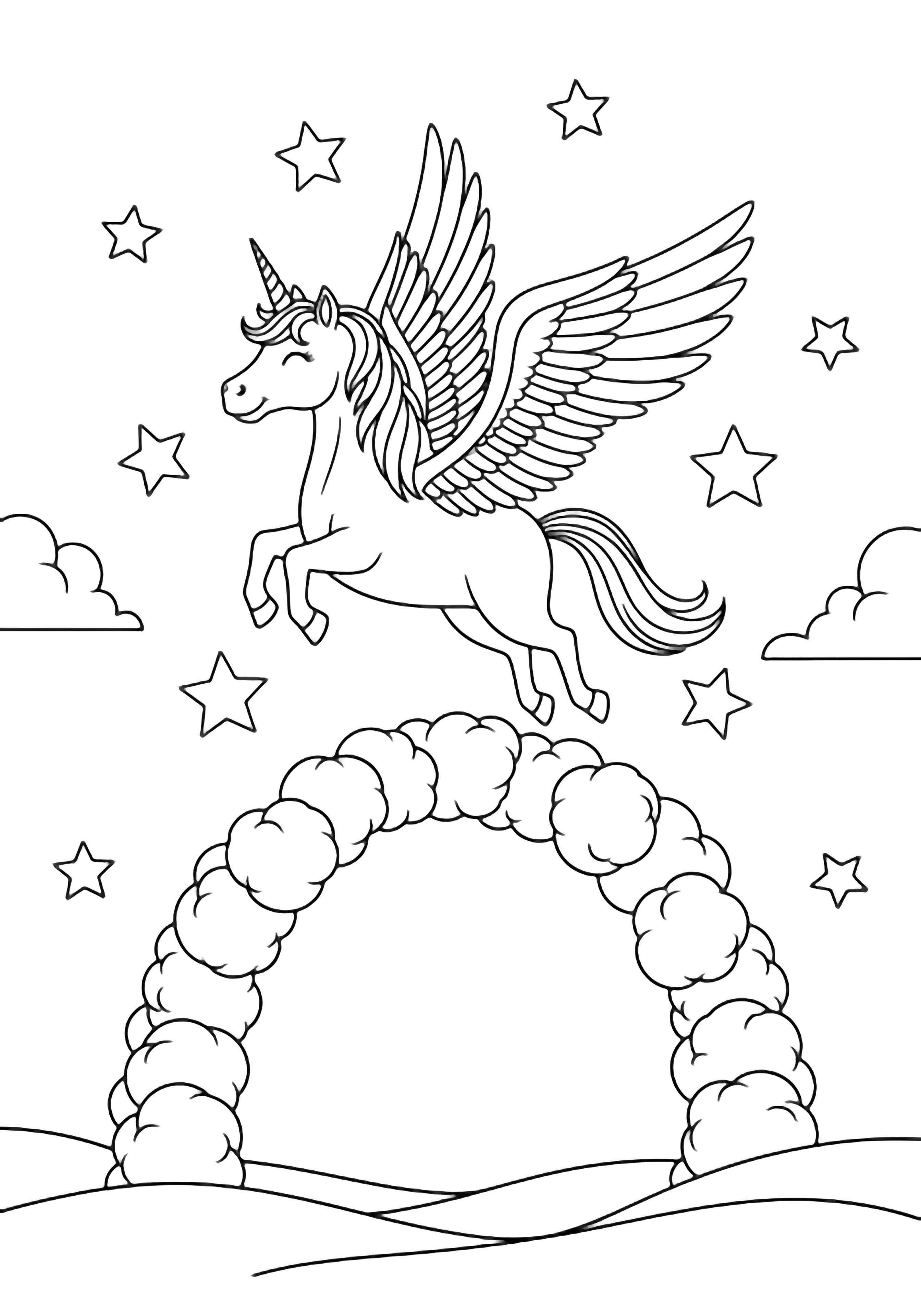 A smiling winged unicorn glides above a big arched line of fluffy cloud circles, with stars sparkling around simple hills below. kleurplaat