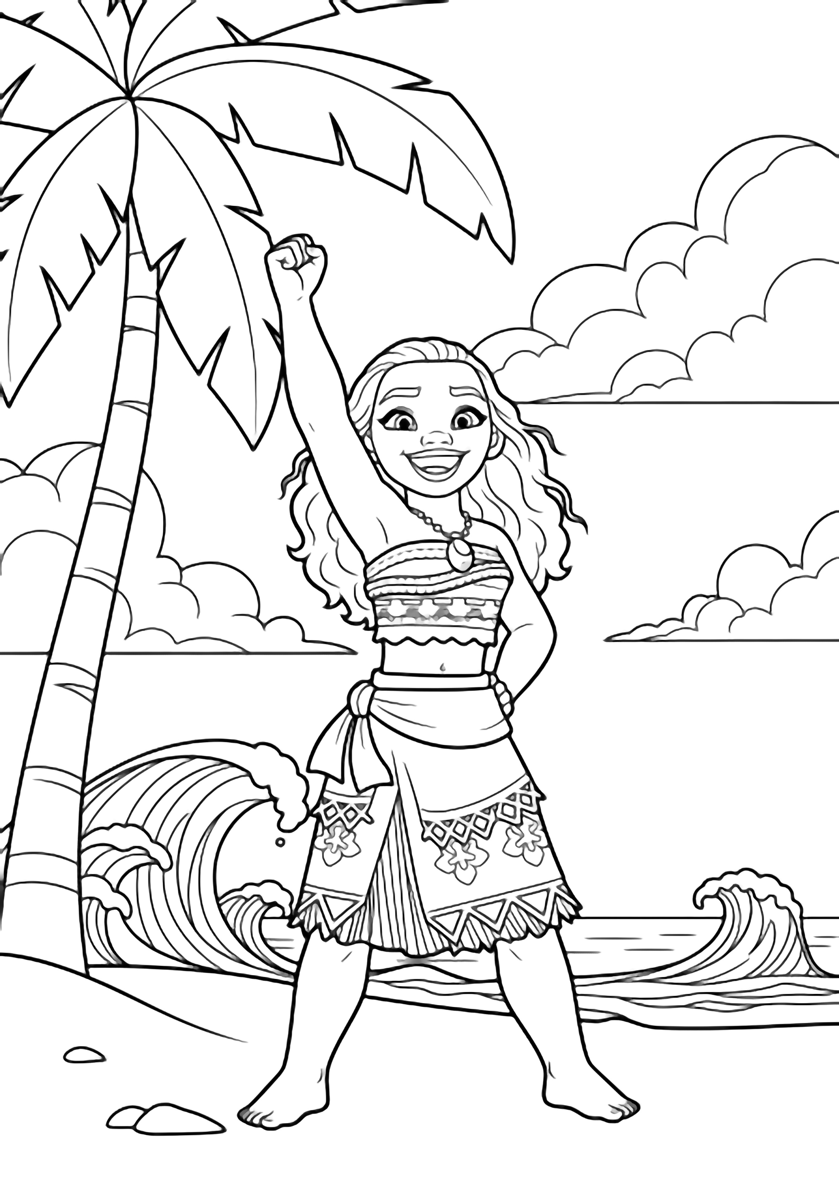 Moana stands smiling on a sandy shore, one arm raised triumphantly, framed by waves, a palm trunk, and fluffy clouds. kleurplaat