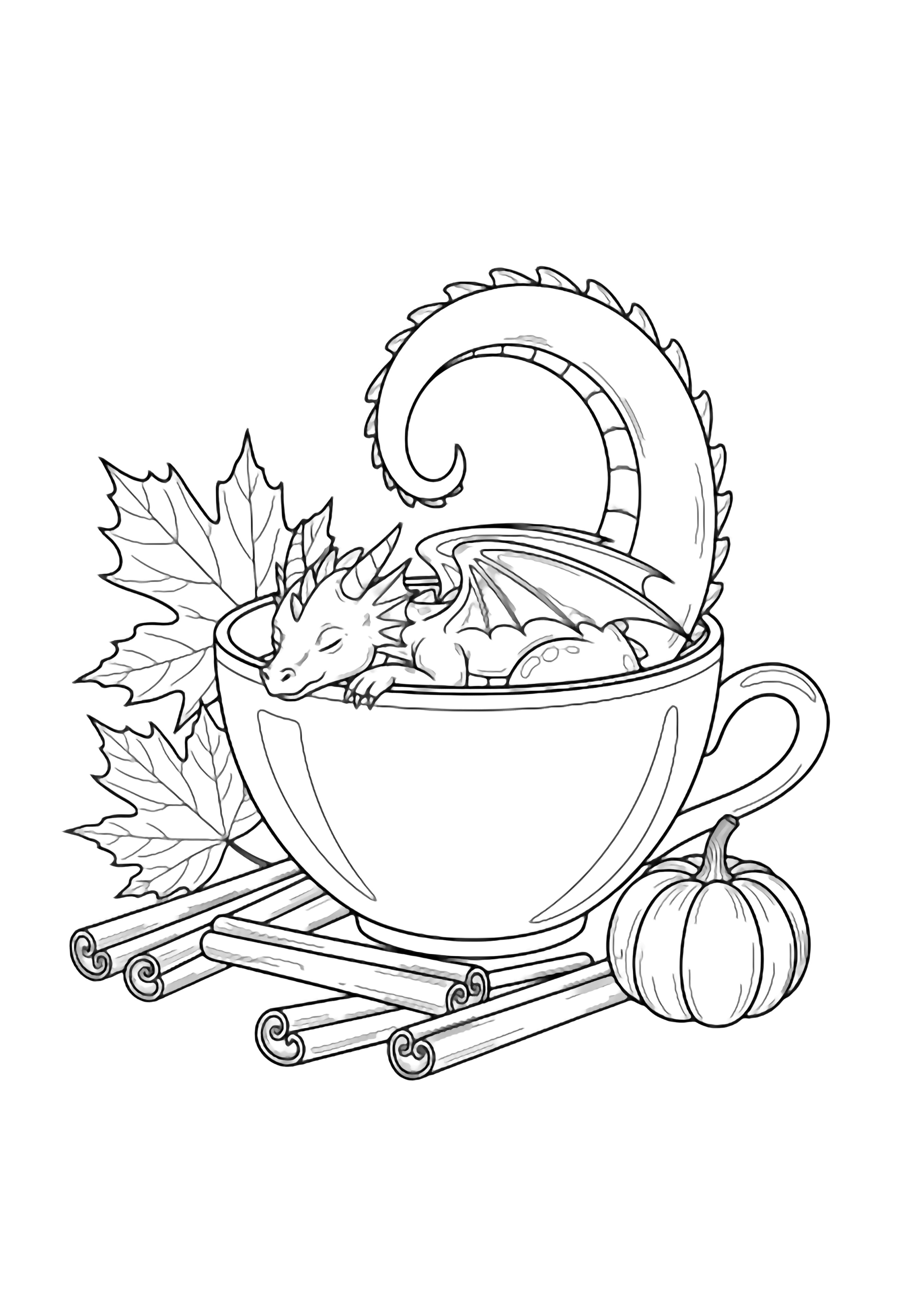 A tiny dragon curls asleep inside a wide teacup, its tail draped over the rim, surrounded by cinnamon sticks, maple leaves, and a miniature pumpkin. kleurplaat