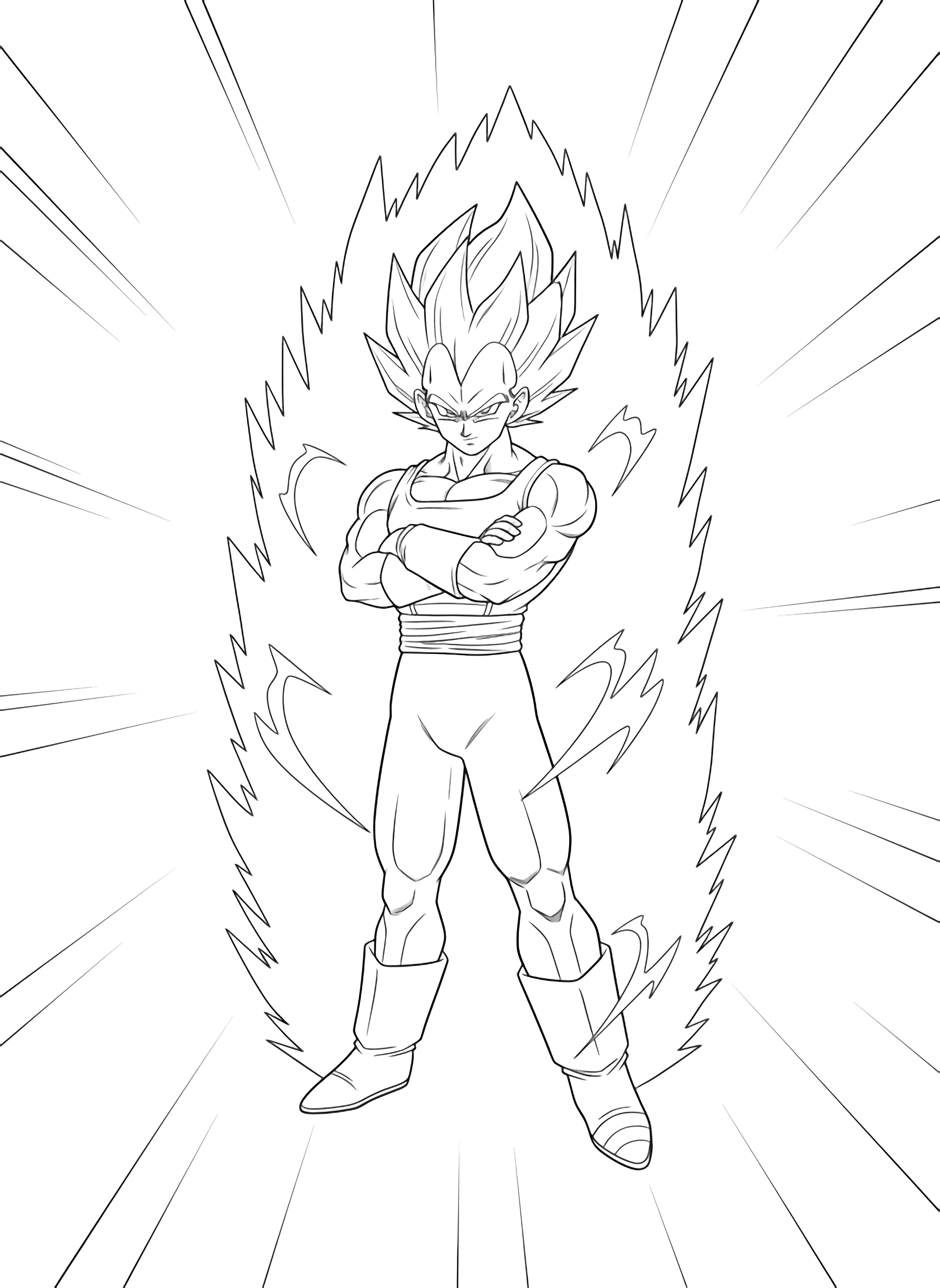 Vegeta staat met gekruiste armen, zijn stekelige haar wapperend, omkaderd door snelheidslijnen en scherpe aurakrommen. kleurplaat