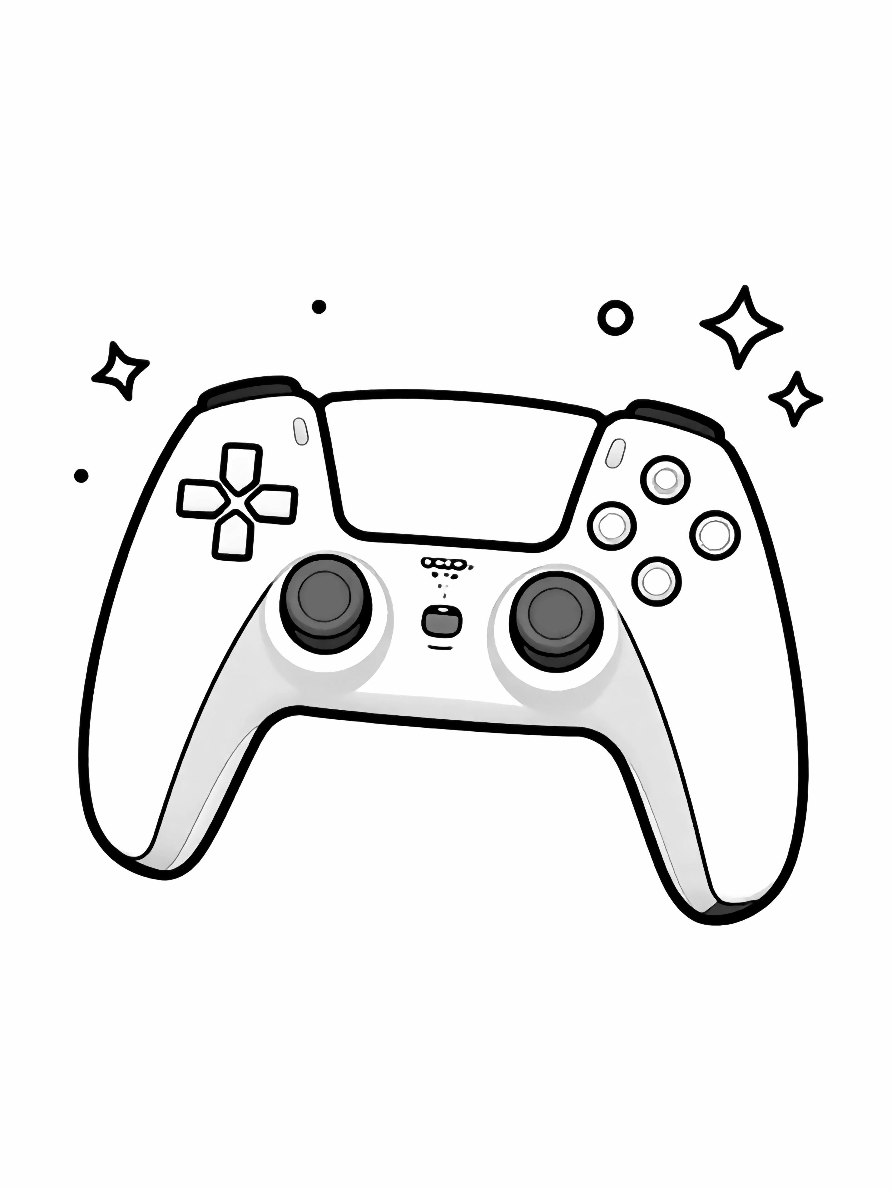 A large playful PS5 controller drifts in mid-air, orbited by tiny stars and game icons. kleurplaat