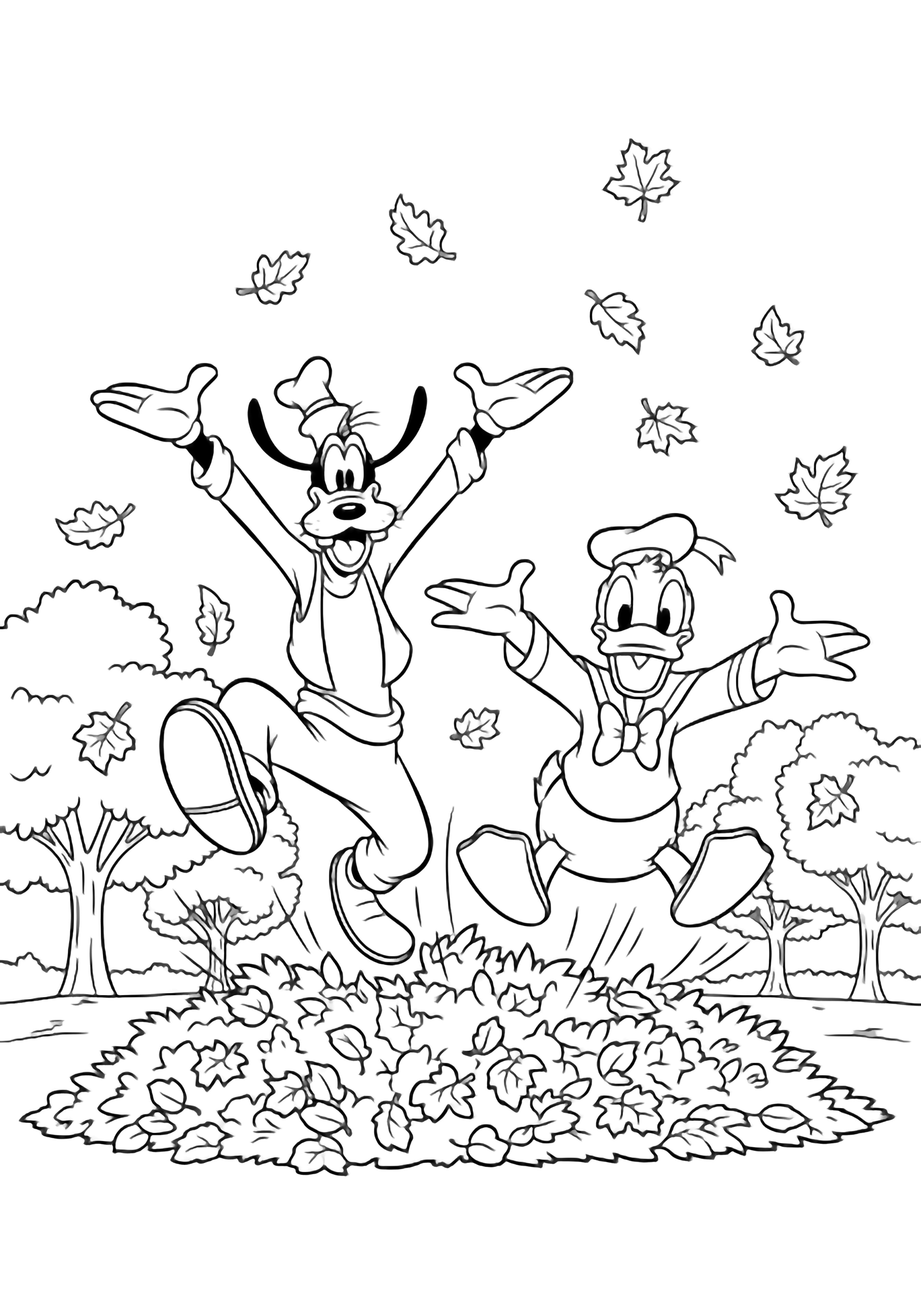 Goofy and Donald Duck leap joyfully, arms spread, about to land in a towering leaf pile while autumn leaves drift around them beneath simple trees. kleurplaat