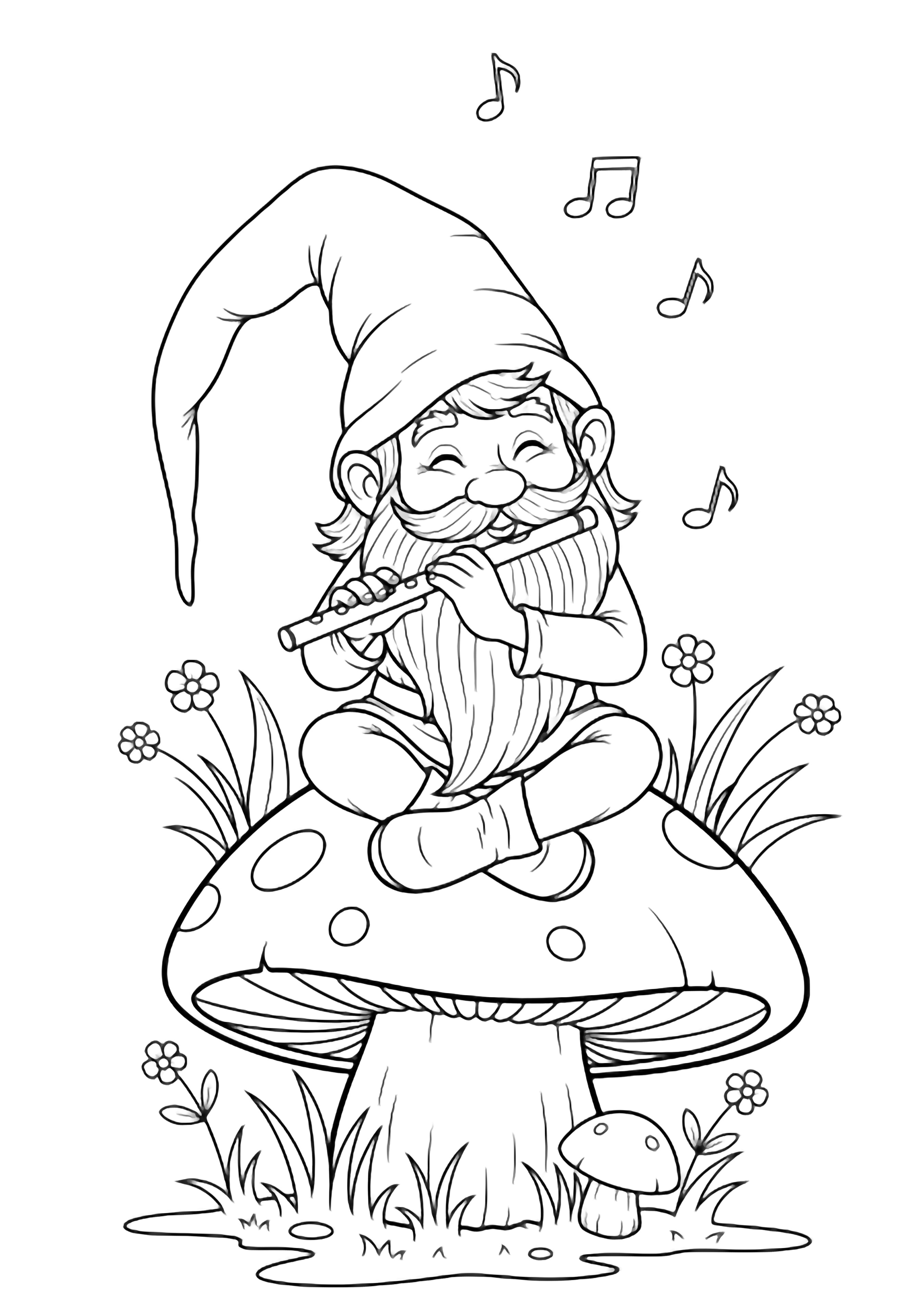 A cheerful gnome with a drooping hat perches on a giant mushroom, playing a flute amid grass, tiny flowers, and drifting musical notes. kleurplaat
