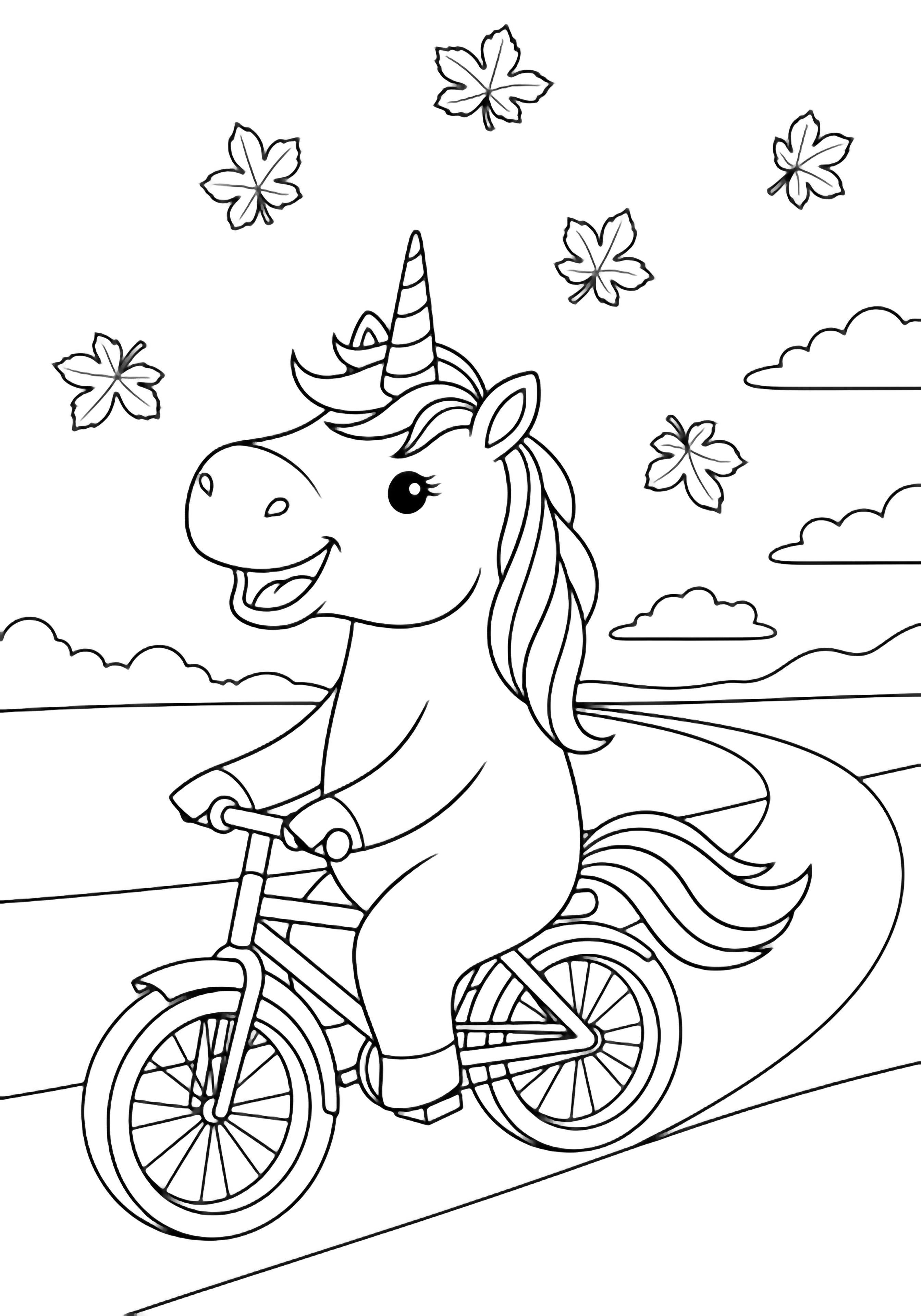 A smiling unicorn rides a tiny bicycle along a curving path while five-point leaves float past; three puffy clouds sit low on the horizon. kleurplaat