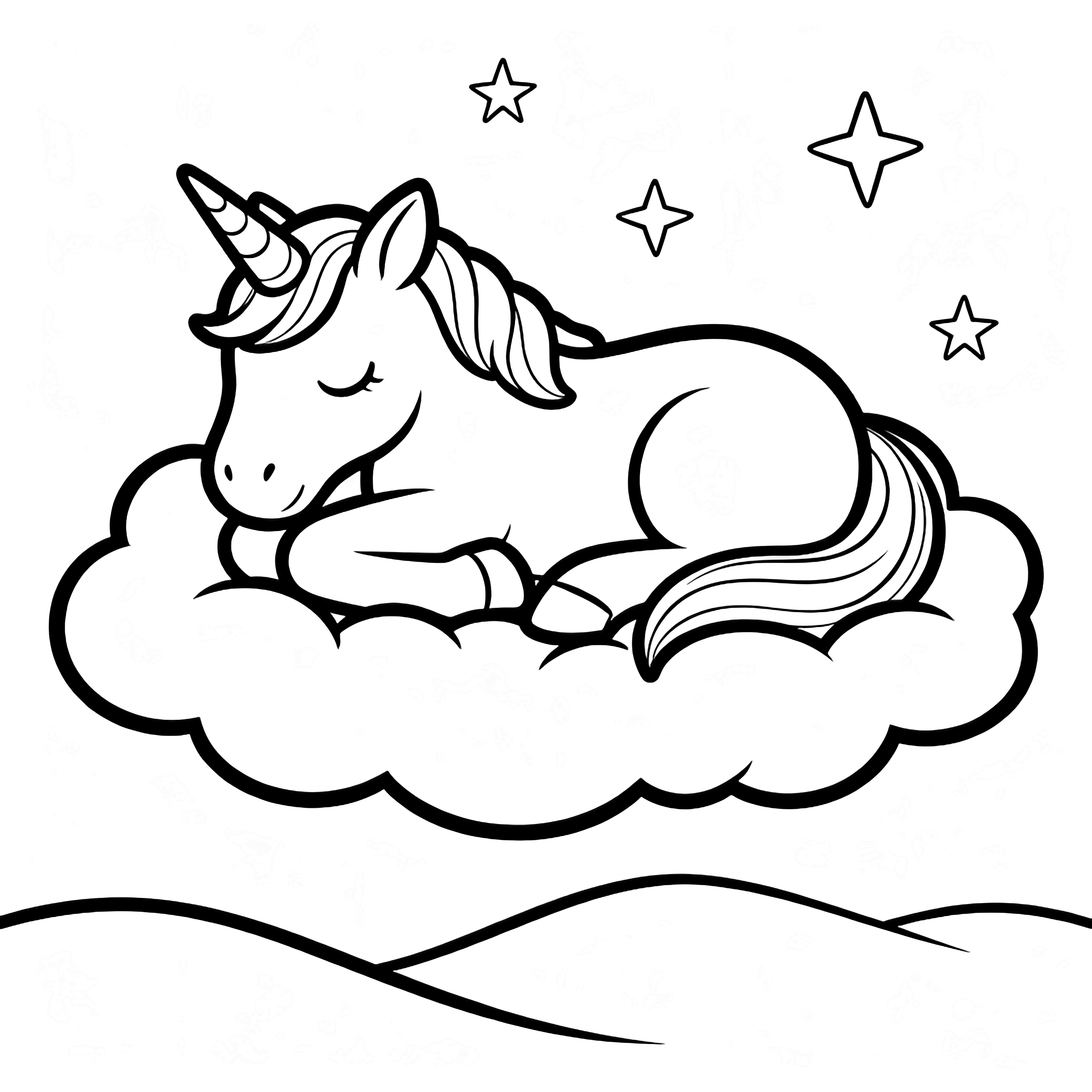 A serene unicorn naps on billowy clouds; tiny stars float above soft rolling hills. kleurplaat