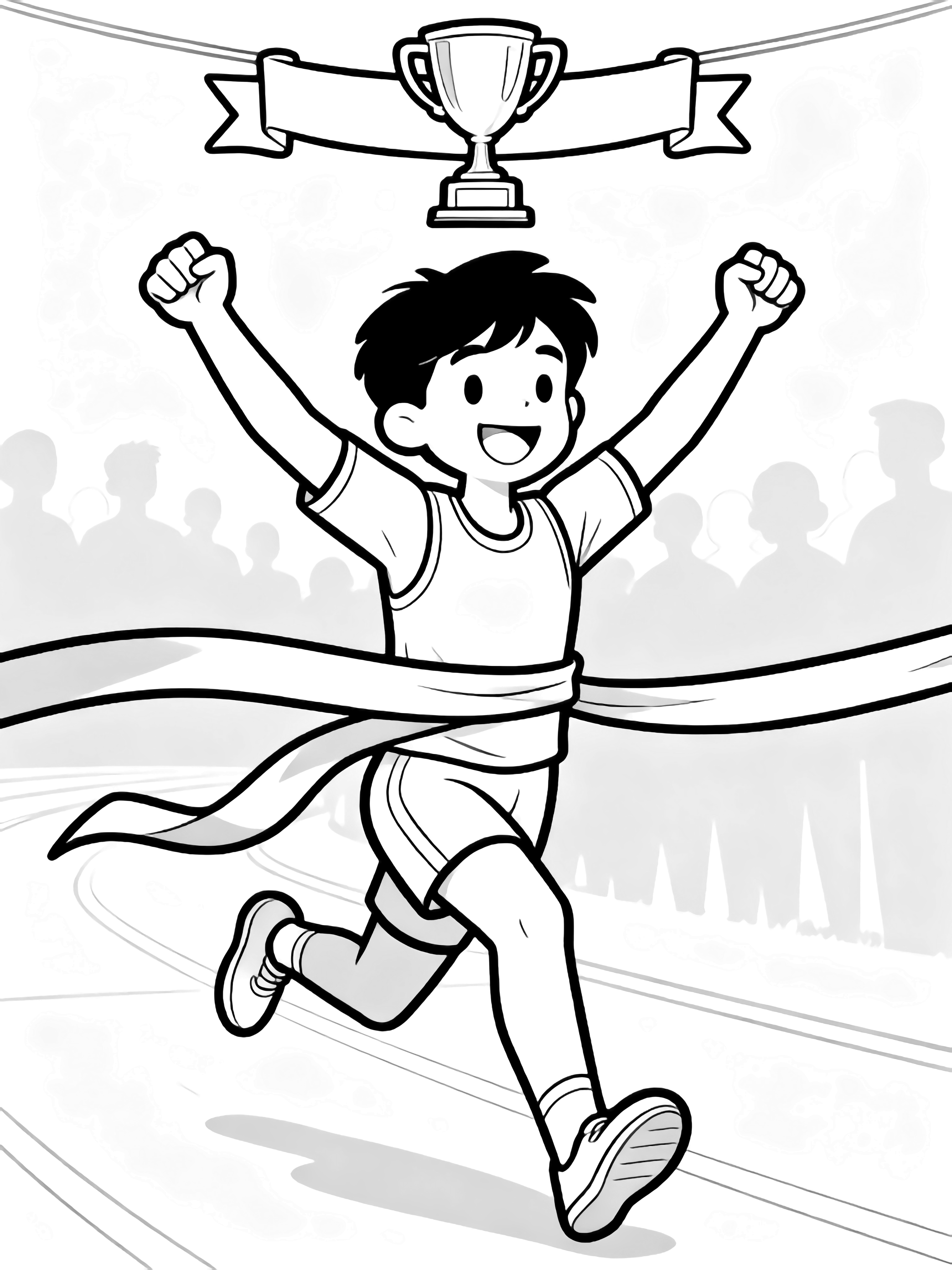 Smiling runner with raised arms breaks the finish-line ribbon; trophy banner above, faint crowd beyond. kleurplaat