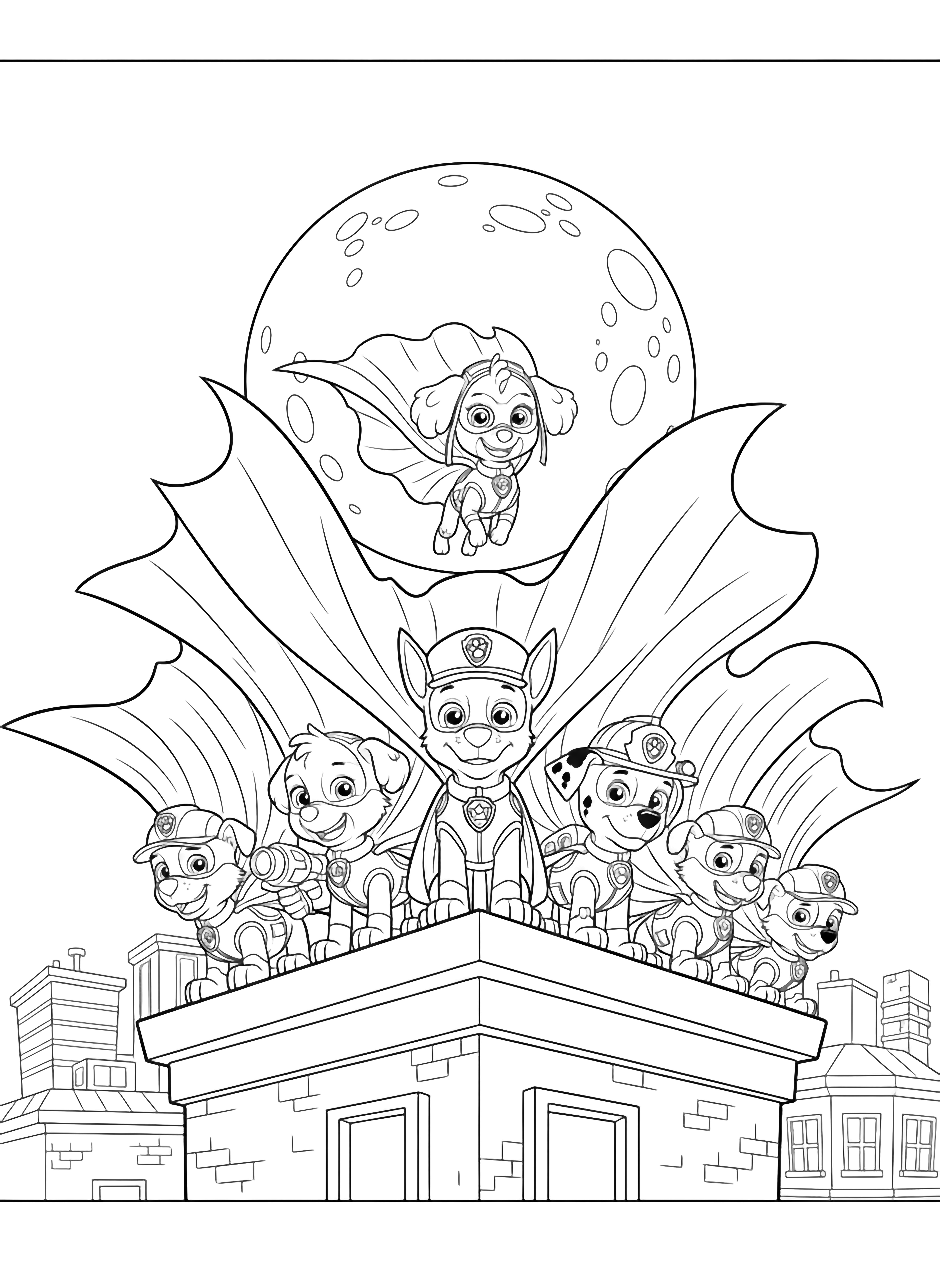 A black and white page featuring the heroic PAW Patrol pups as superheroes on a thrilling rooftop rescue mission The pups wear flowing capes that billow dramatically in the wind creating dynamic shapes perfect for They stand proudly on a rooftop ledge high above Adventure Bay with a giant full moon shining brightly clean black and white line drawing minimal shading no colour no fill kleurplaat
