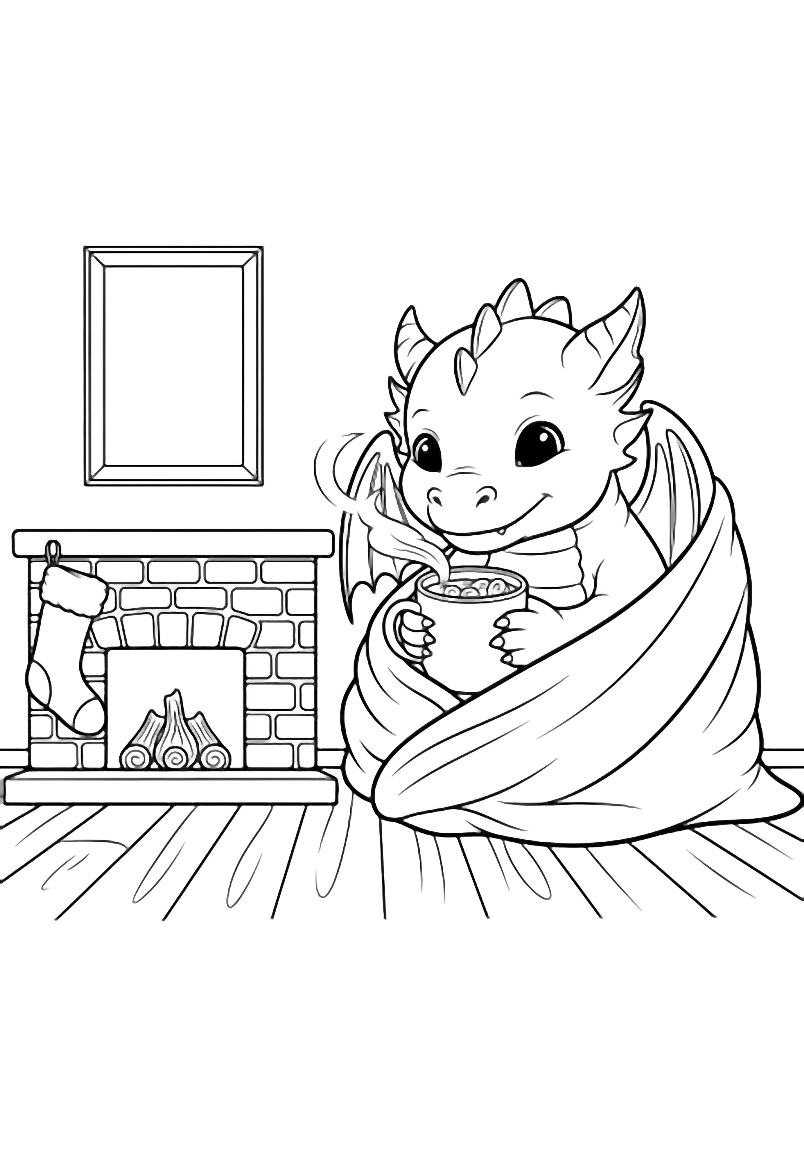 Baby dragon curled under a blanket, hugging a steaming cocoa mug beside a small brick fireplace, wooden floorboards, a simple framed stocking above. kleurplaat