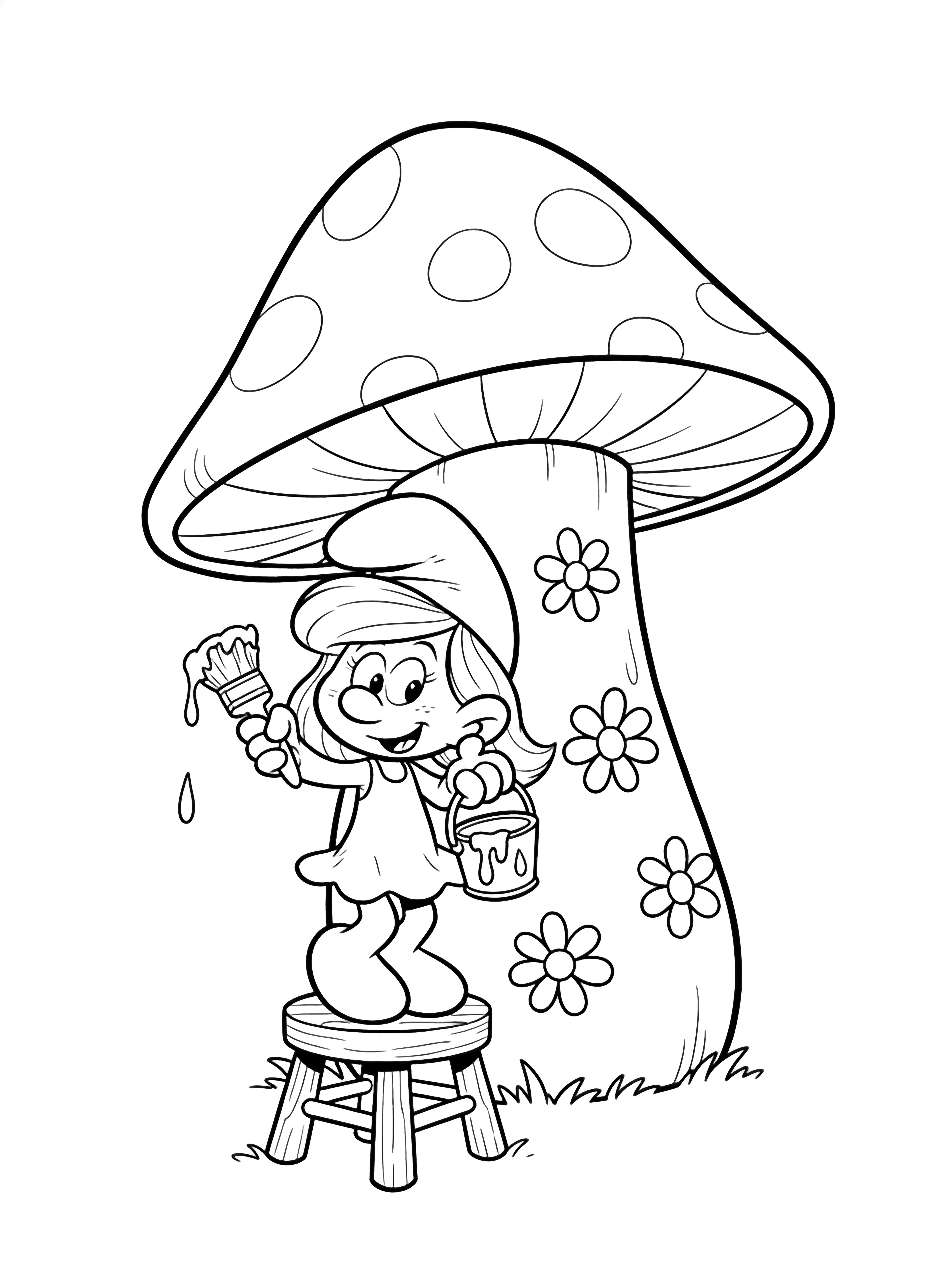 Smurfette on a stool paints daisies on her curved mushroom wall, holding a dripping brush over a paint bucket. kleurplaat