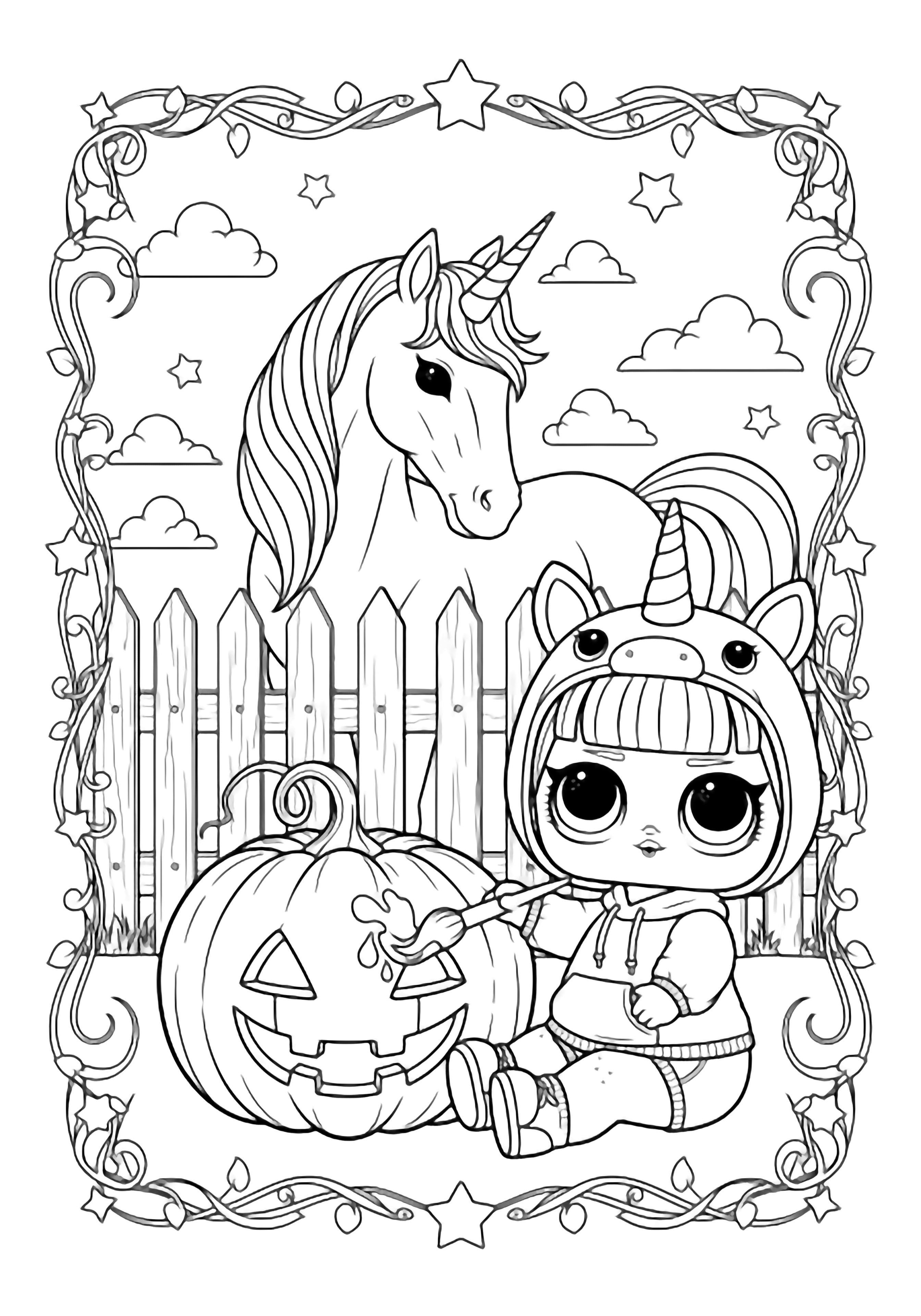 A LOL doll in a unicorn hoodie paints a huge grinning pumpkin while a real unicorn watches from behind a picket fence, framed by stars, clouds, and swirling vines. kleurplaat