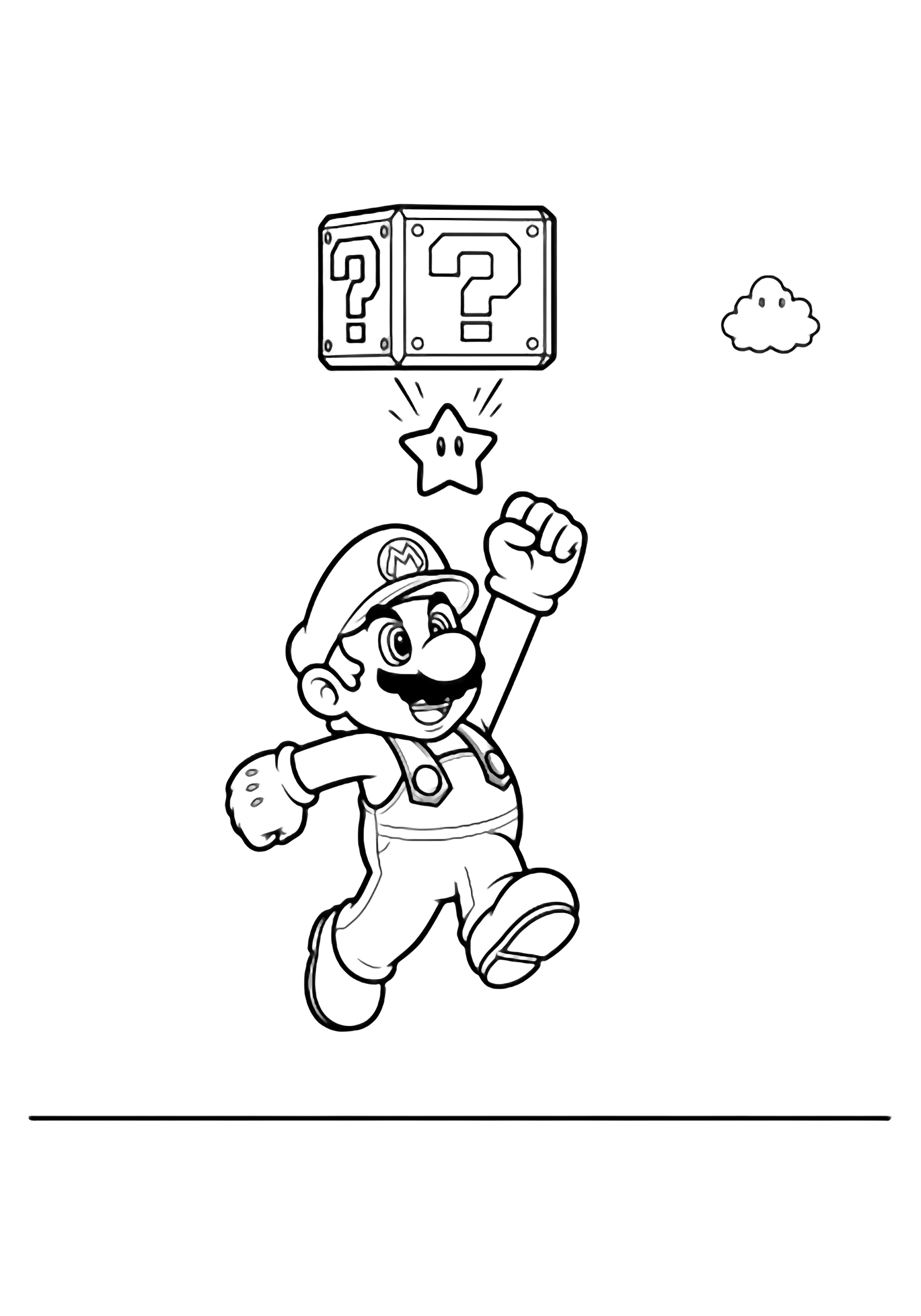 Mario mid-jump beneath a floating question block, fist raised, star power-up popping out, ground line, tiny distant cloud. kleurplaat