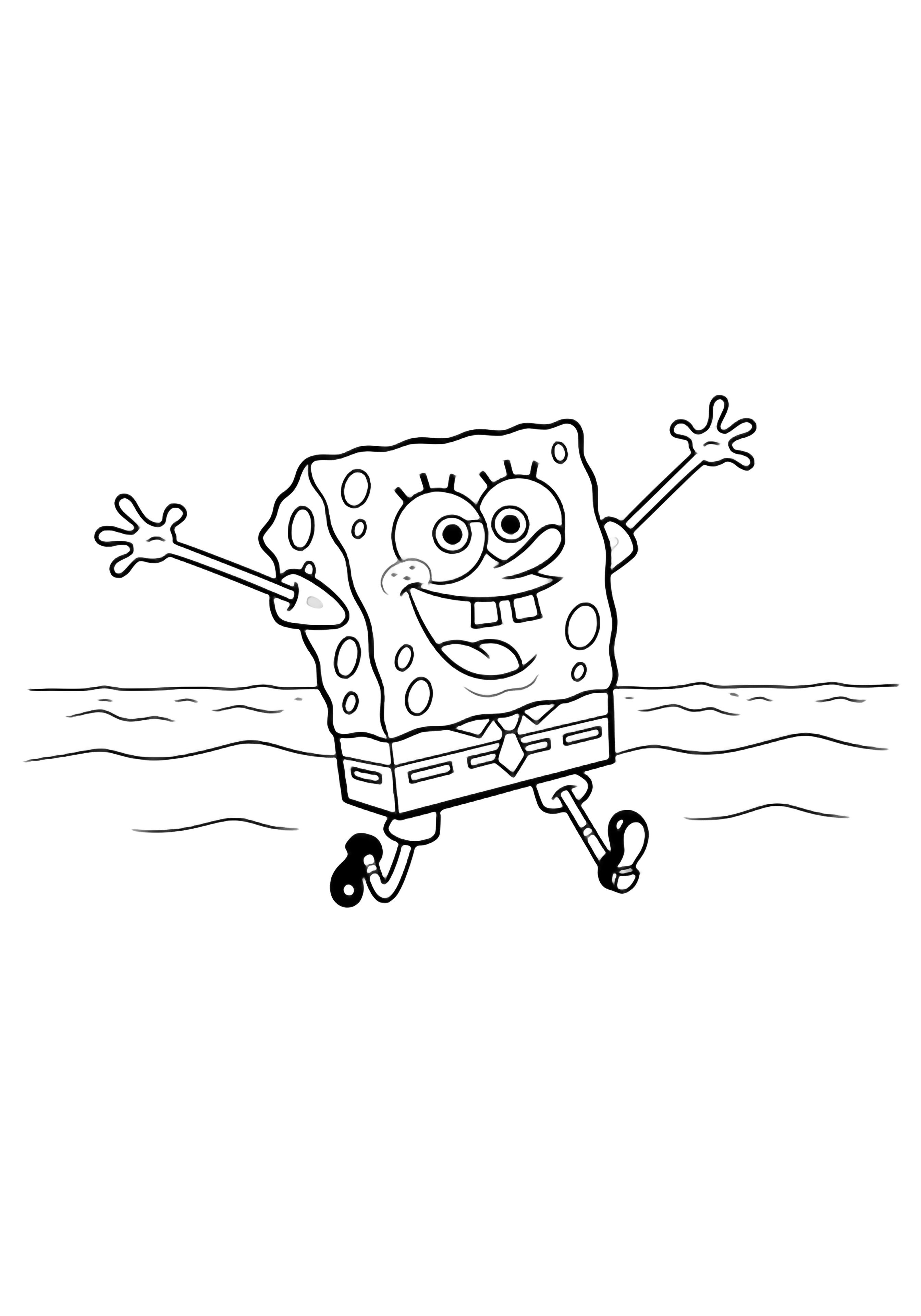SpongeBob mid-leap, arms wide, big smile, simple wavy horizon behind. kleurplaat